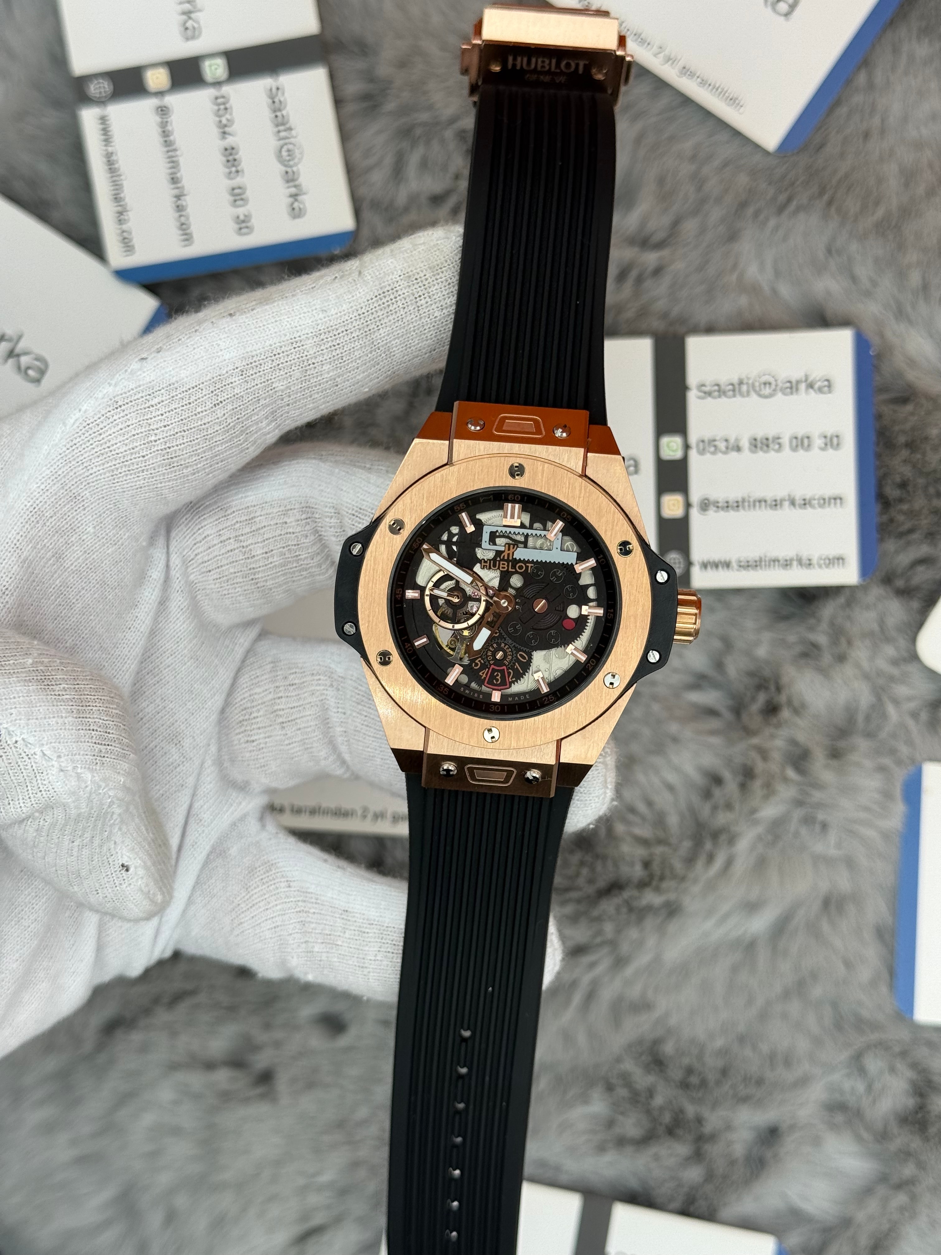 HUBLOT big bang tourbillon 42mm rose kasa siyah kauçuk kordon erkek kol saati