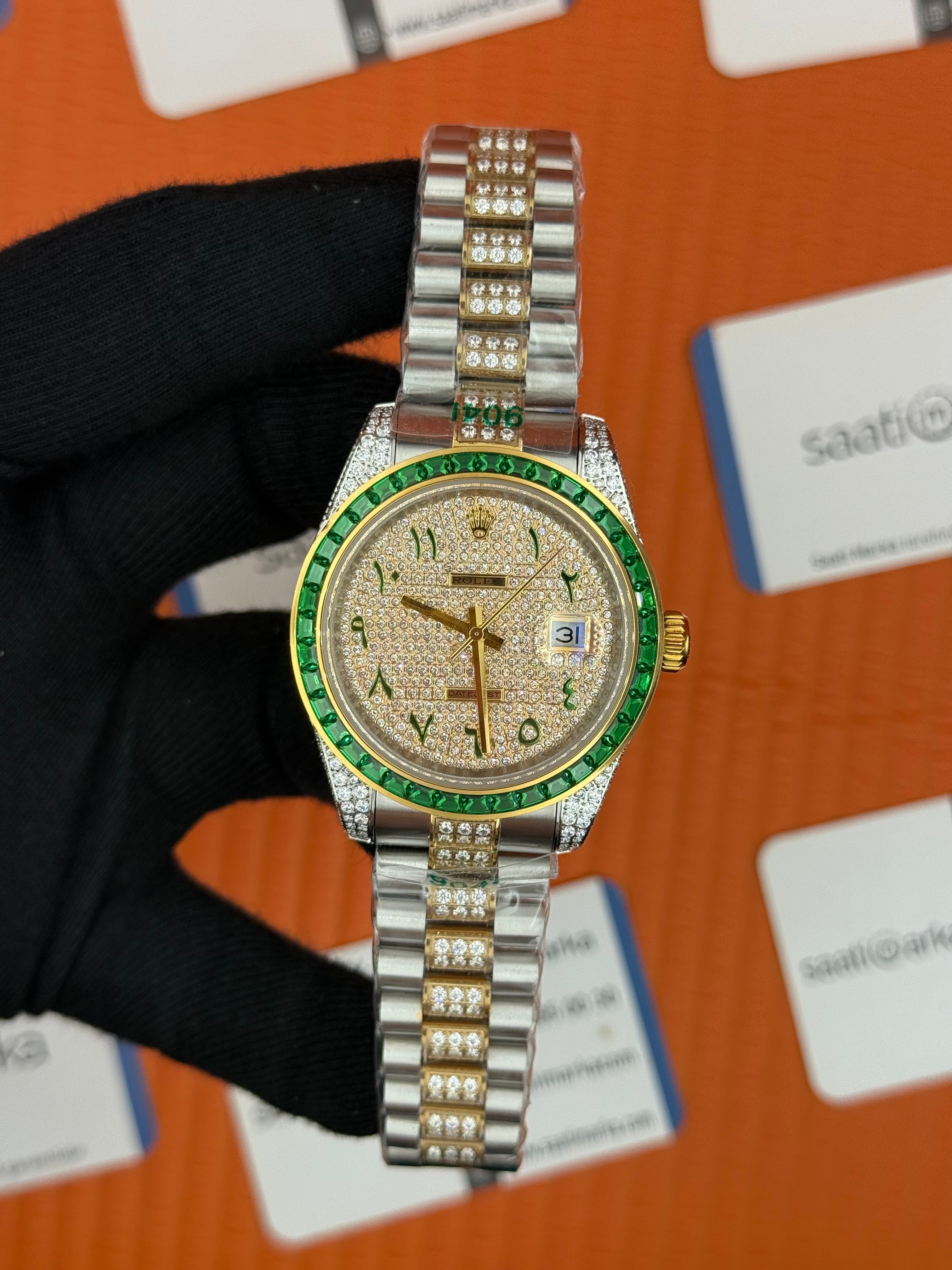 ROLEX Datejust arap rakamlı kadran taşlı kasa kordon gold silver