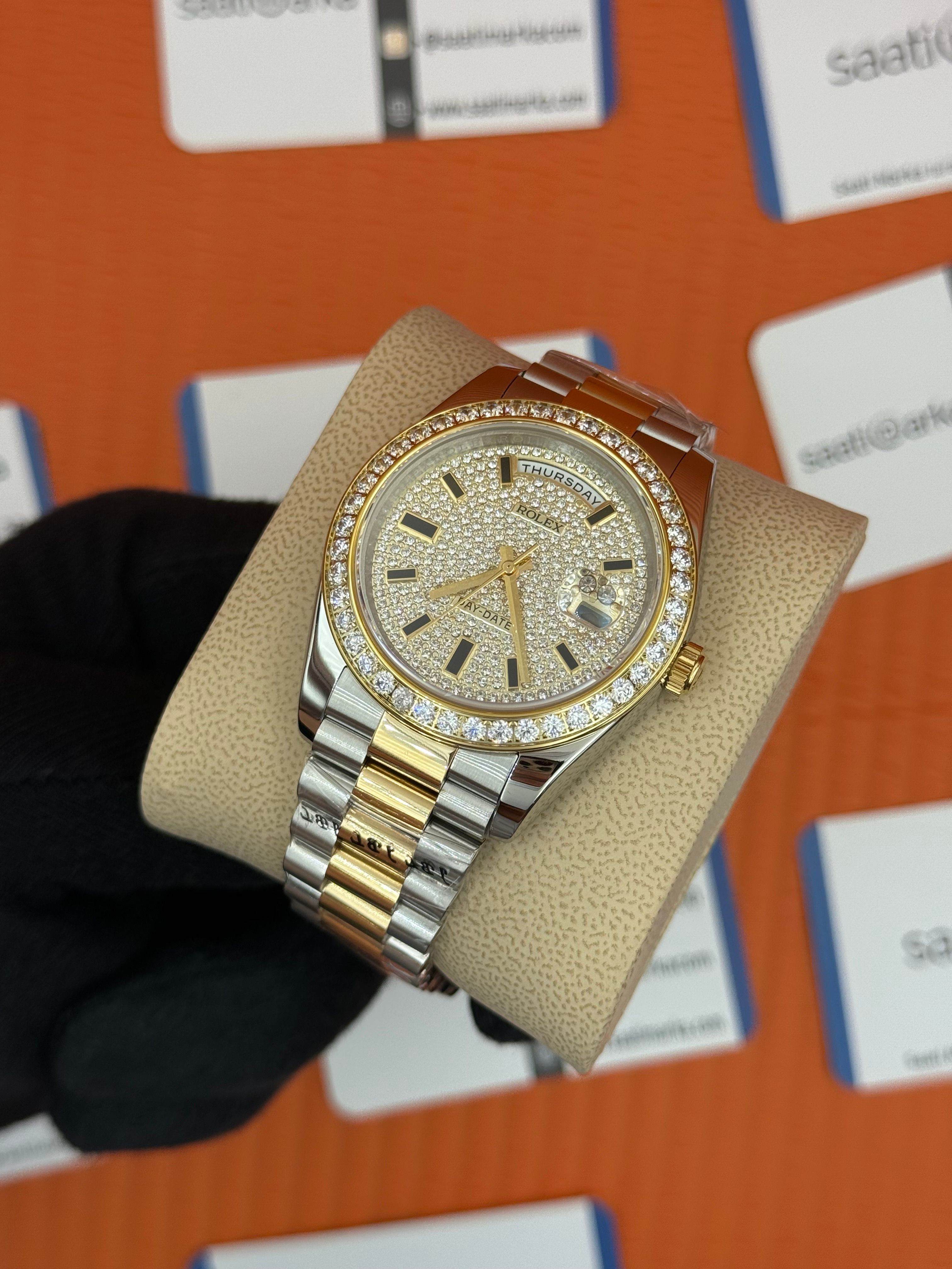 ROLEX Day Date taşlı kadran-bezel gold silver president kordon