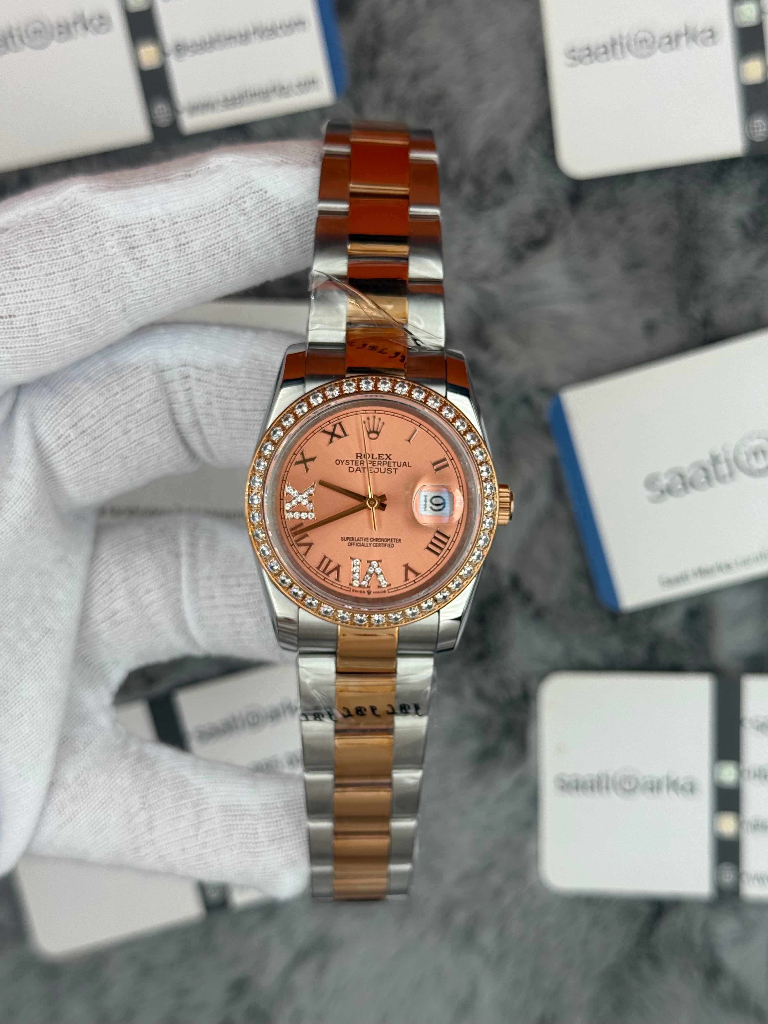 ROLEX Datejust 36mm rose kadran taşlı bezel silver kasa rose silver oyster kordon