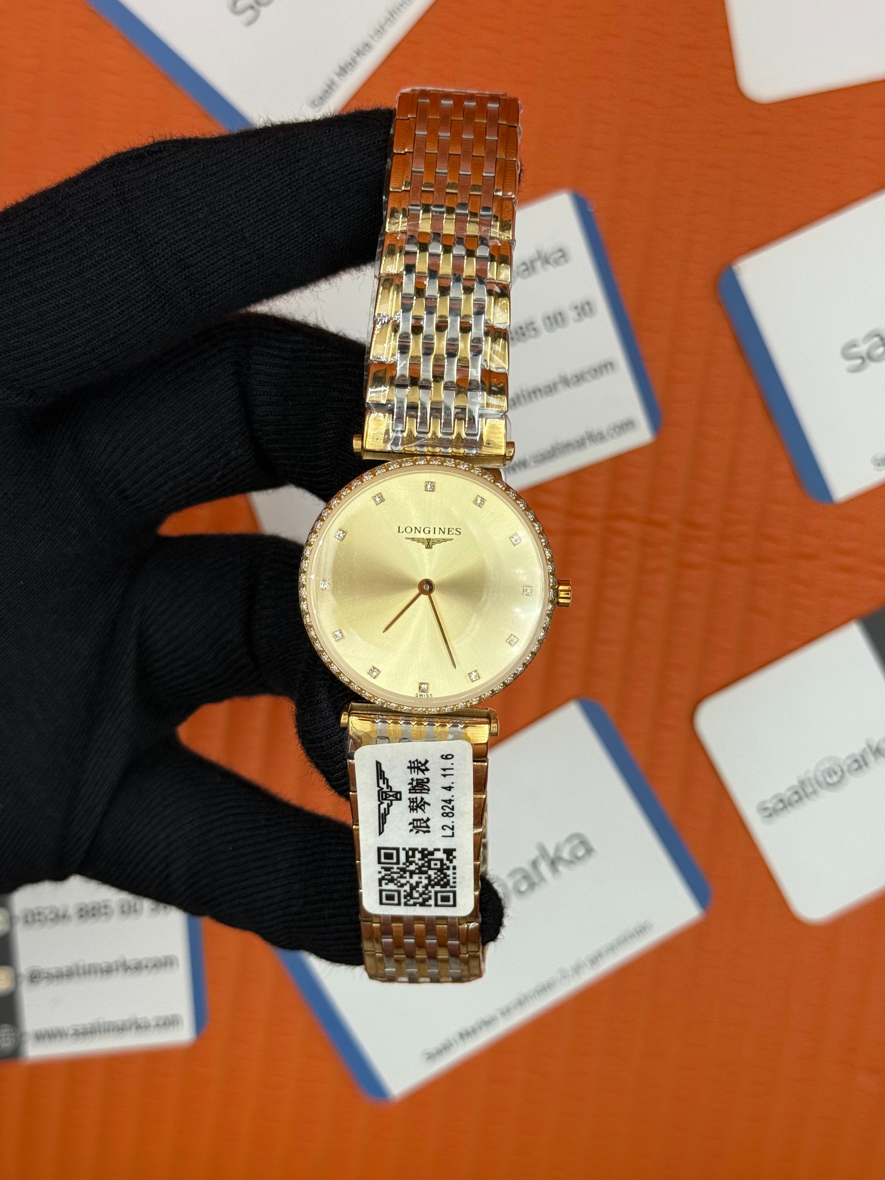 LONGINE şampanya baget taşlı kadran taşlı bezel gold silver kordon kadın kol saati 