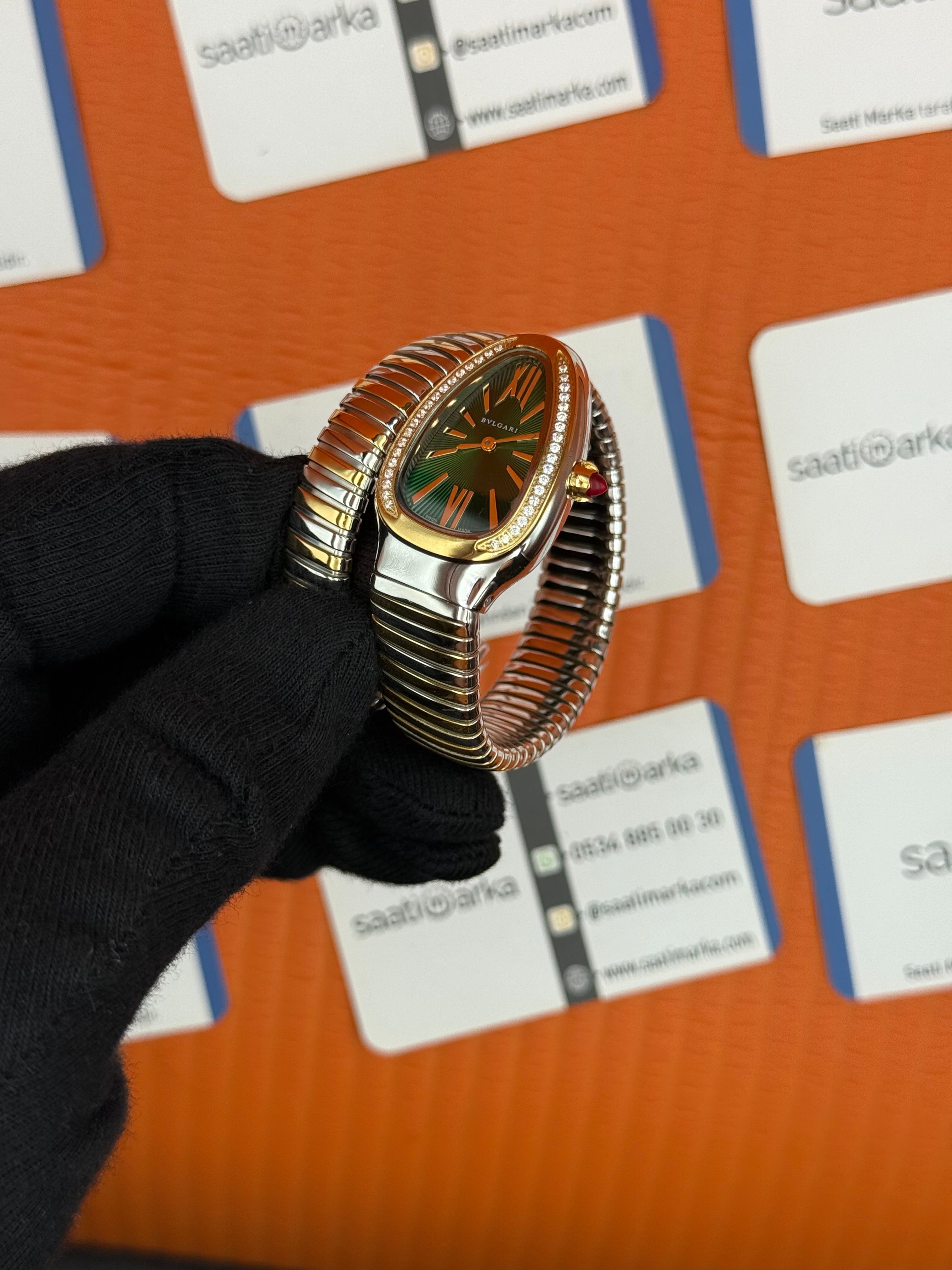 BVLGARİ serpenti tek sarma gold silver kordon taşlı bezel yeşil kadran kadın kol saati
