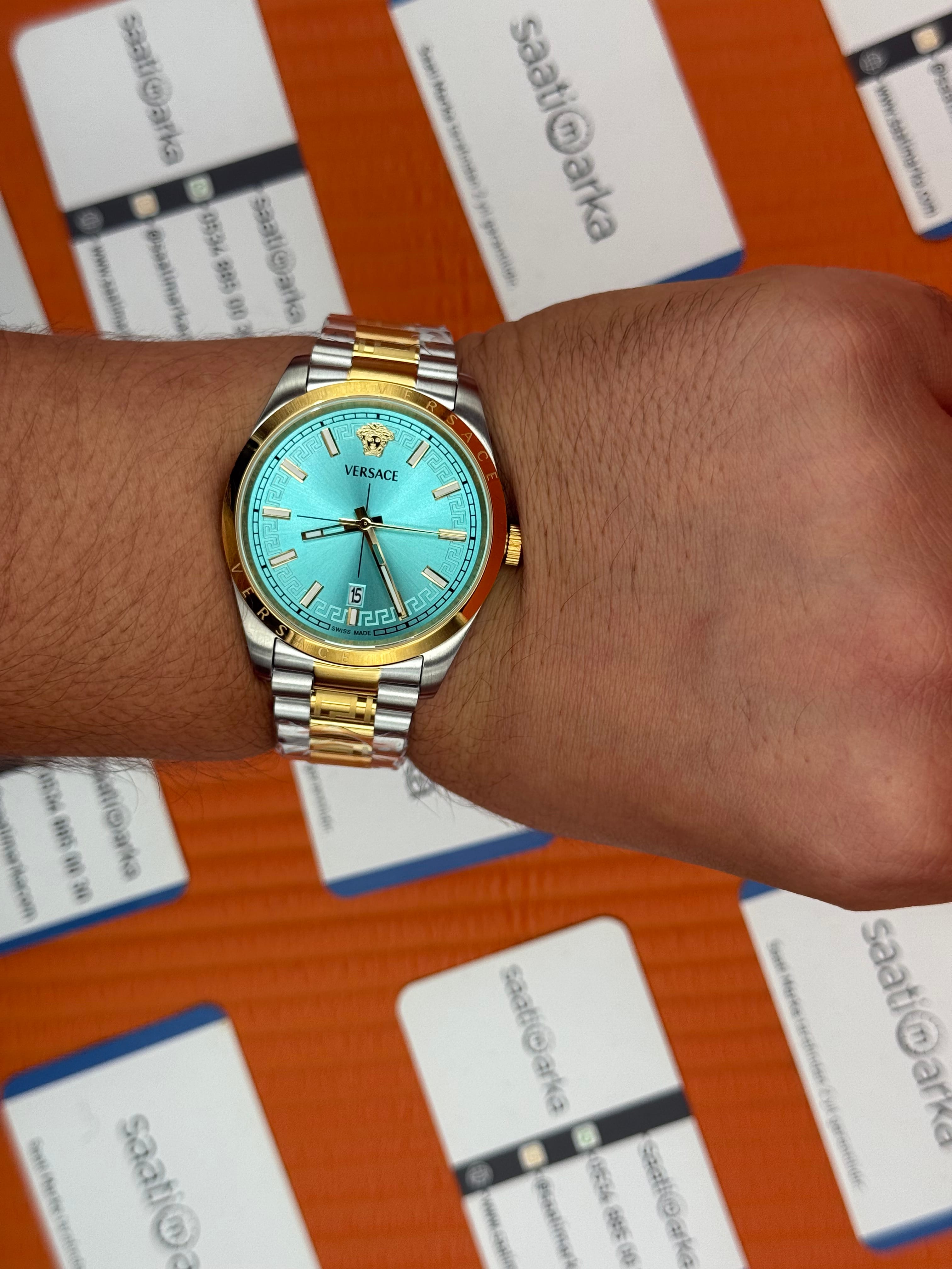 VERSACE 40mm turkuaz kadran gold silver kasa kordon erkek kol saati