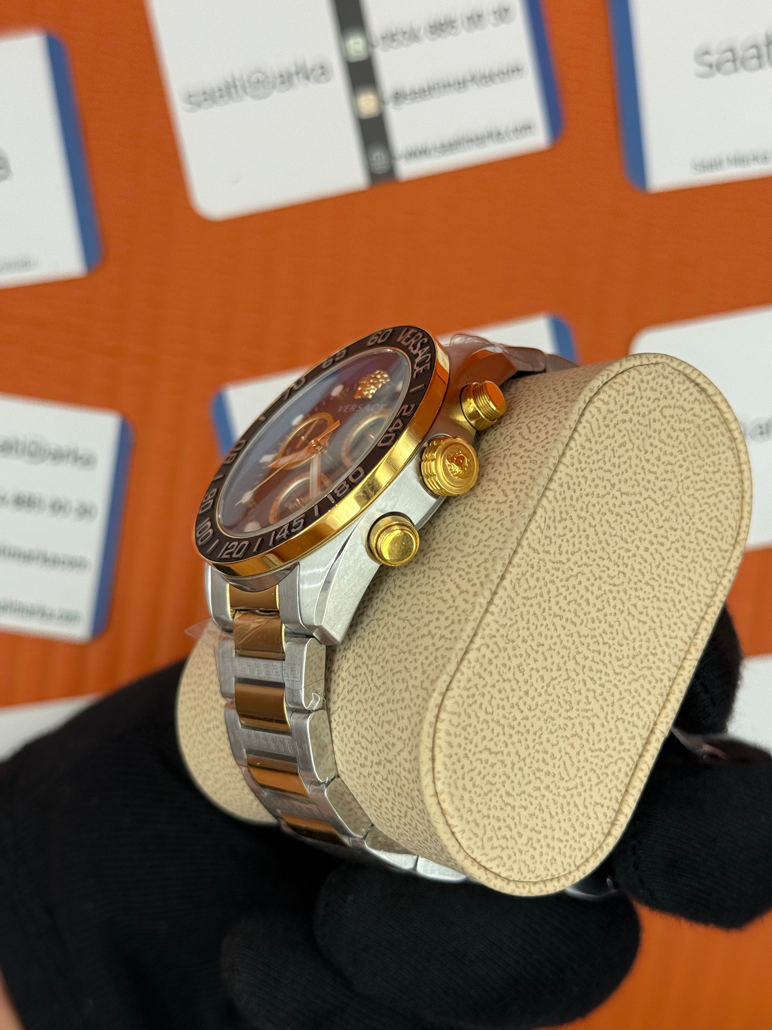 VERSACE mavi kadran gold silver kasa kordon siyah bezel erkek kol saati