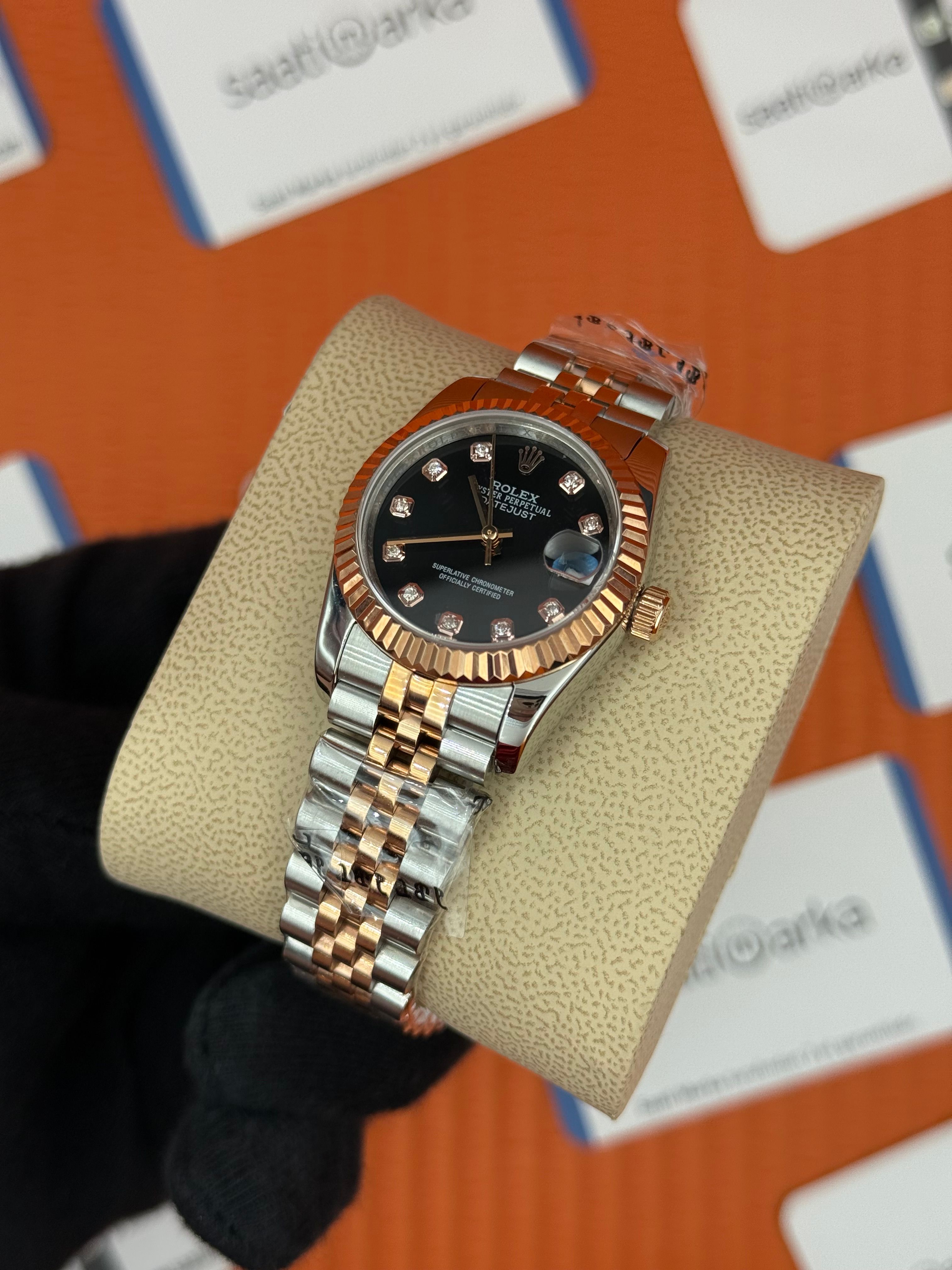 ROLEX datejust 31mm siyah baget taşlı kadran rose silver jubilee kordon