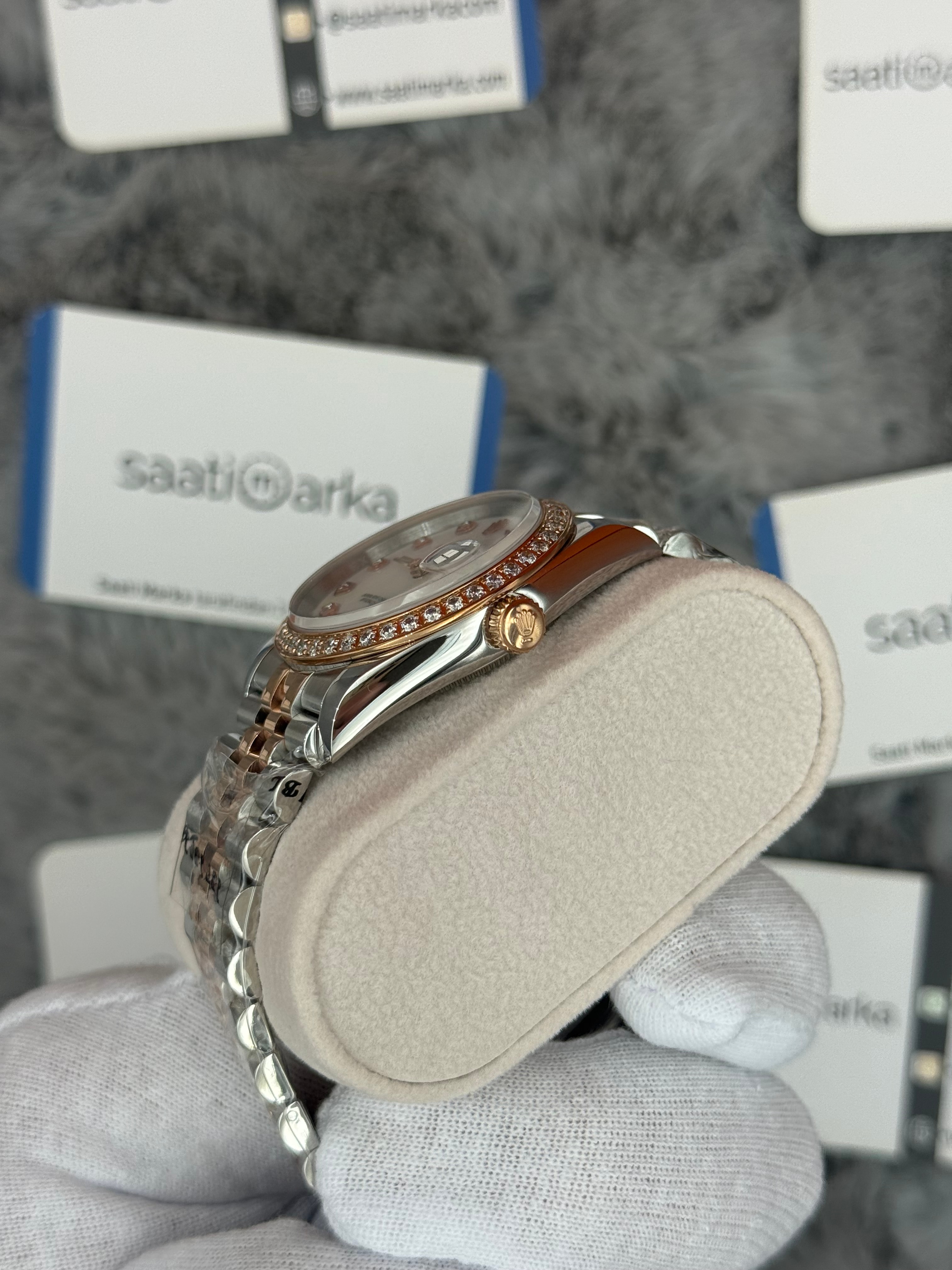 ROLEX Datejust 36mm beyaz kadran taşlı bezel silver kasa rose silver jubilee kordon