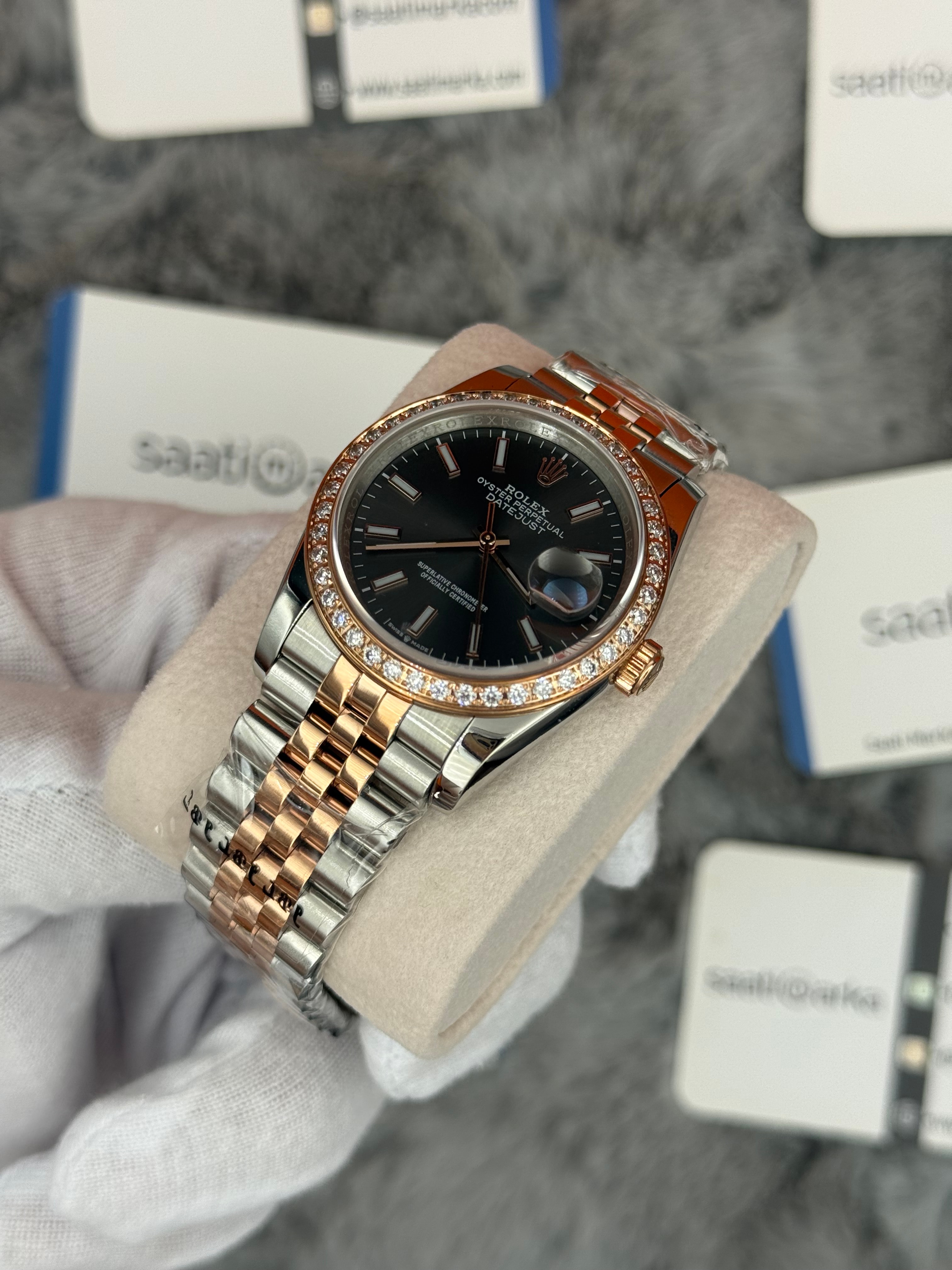 ROLEX datejsut 36 mm gri kadran taşlı bezel silver kasa rose silver jubilee kordon