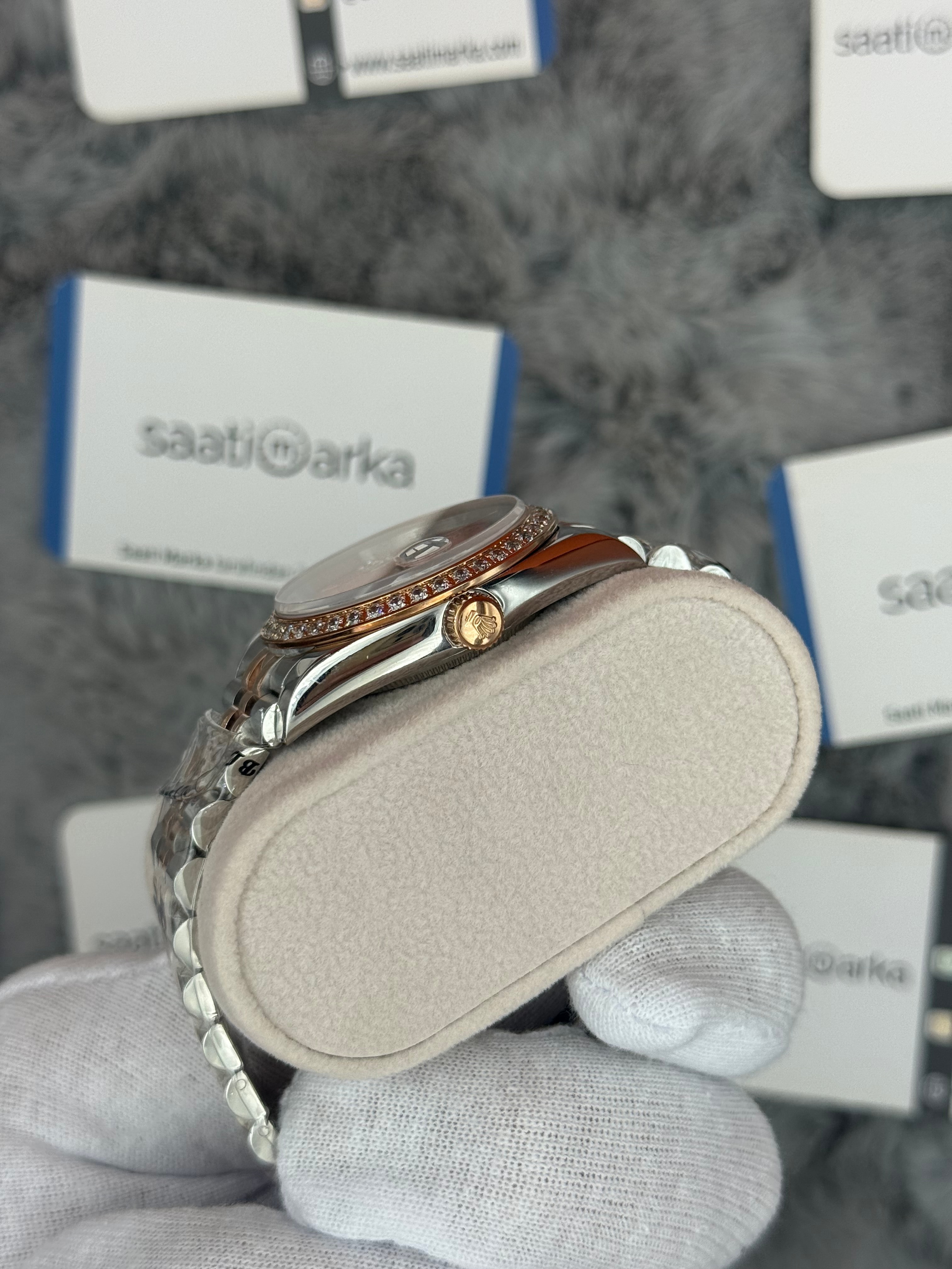 ROLEX Datejust 36mm toz pembe kadran taşlı bezel silver kasa rose silver jubilee kordon