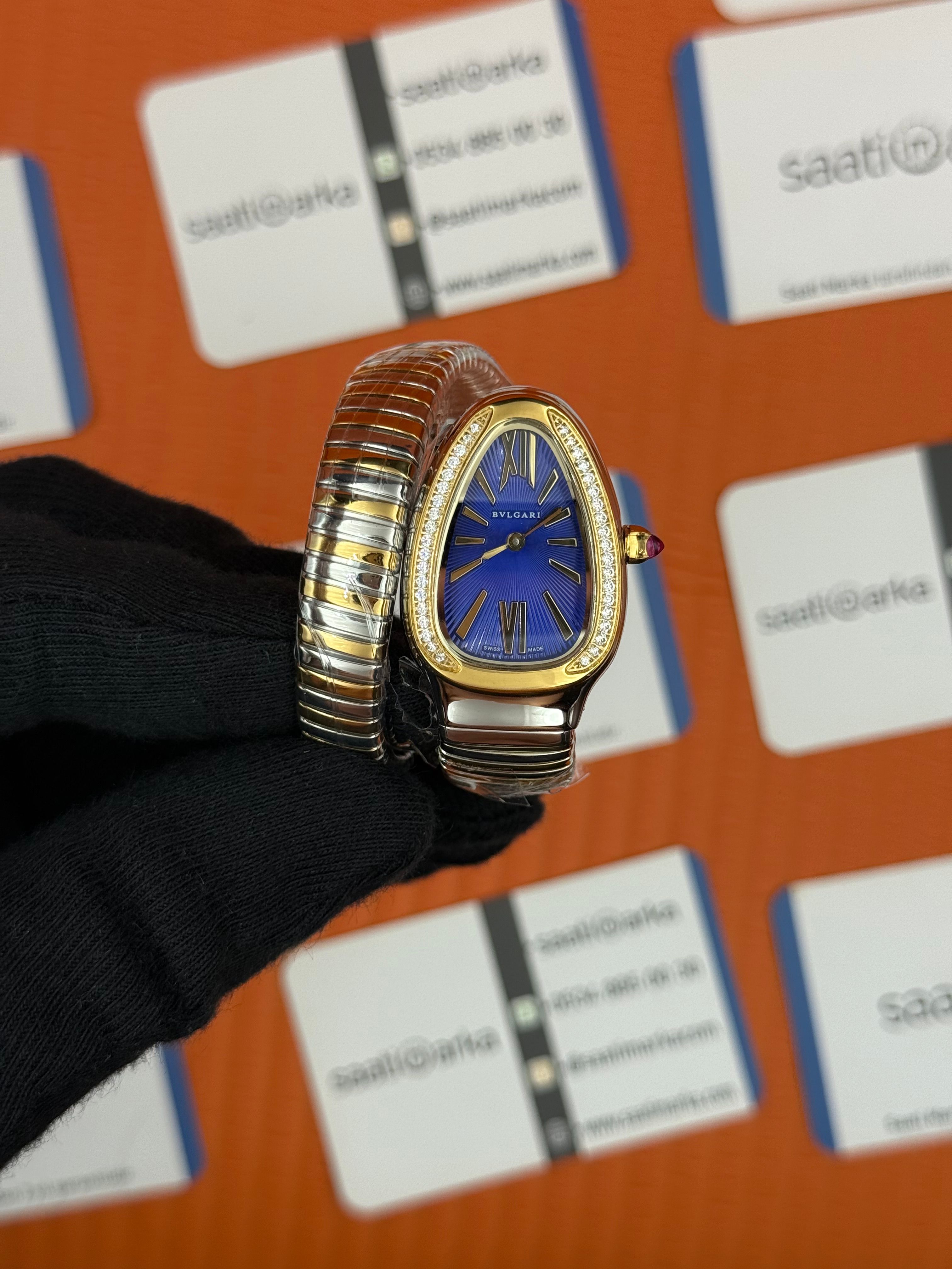 BVLGARİ serpenti tek sarma gold silver kordon taşlı bezel mavi kadran kadın kol saati