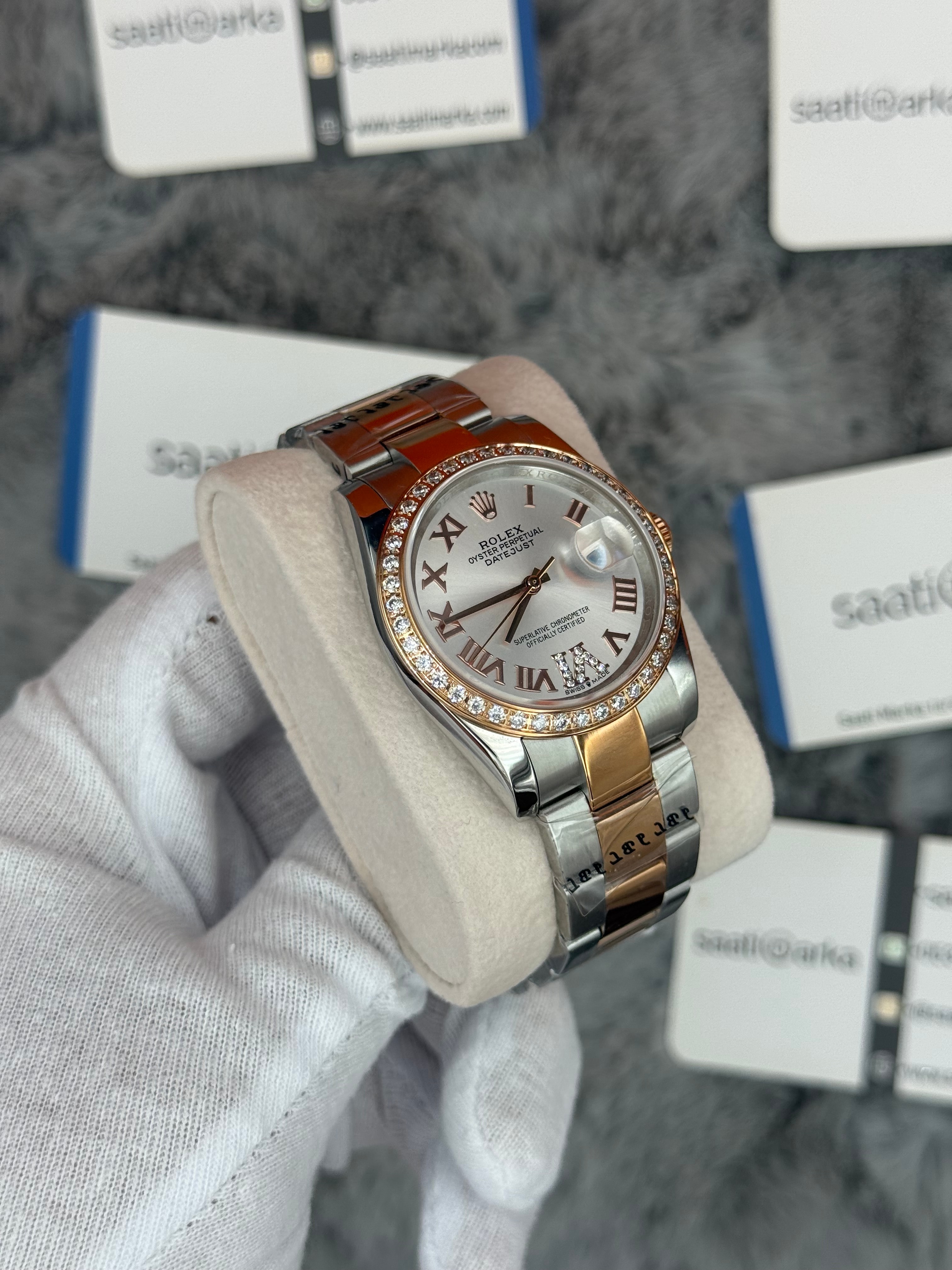 ROLEX Datejust 36mm beyaz kadran taşlı bezel silver kasa rose silver kordon 
