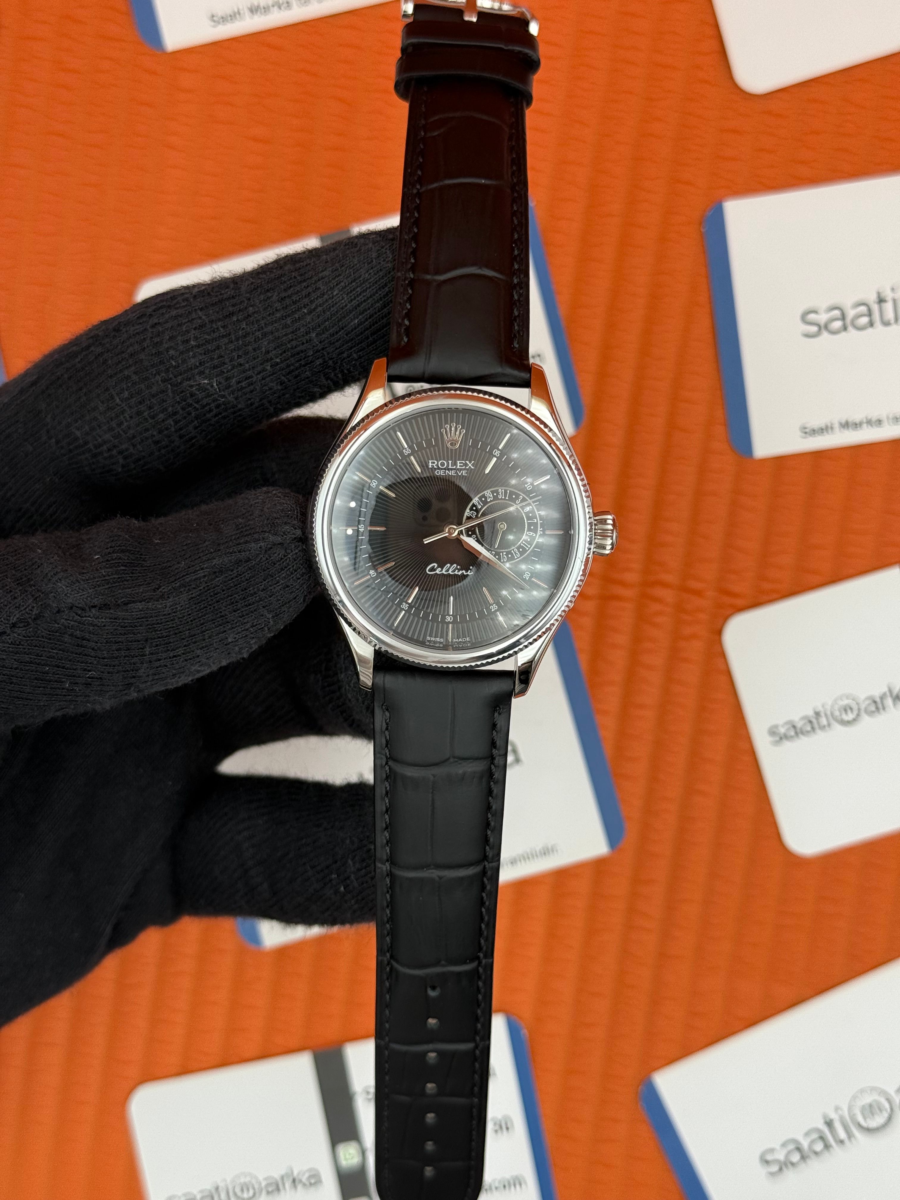 ROLEX Cellini silver kasa siyah kadran siyah deri kordon
