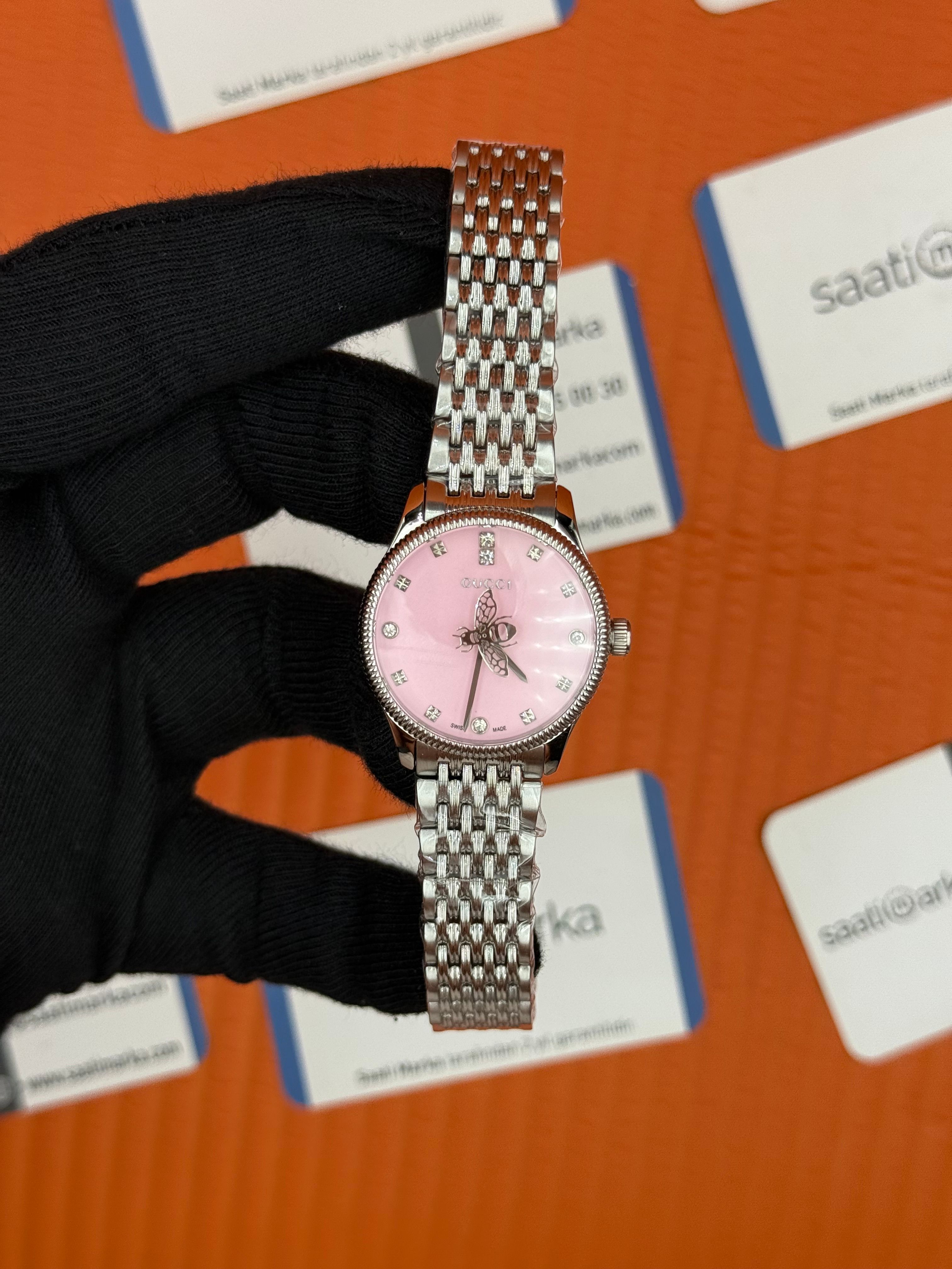 GUCCI pembe kadran silver kasa kordon kadın kol saati