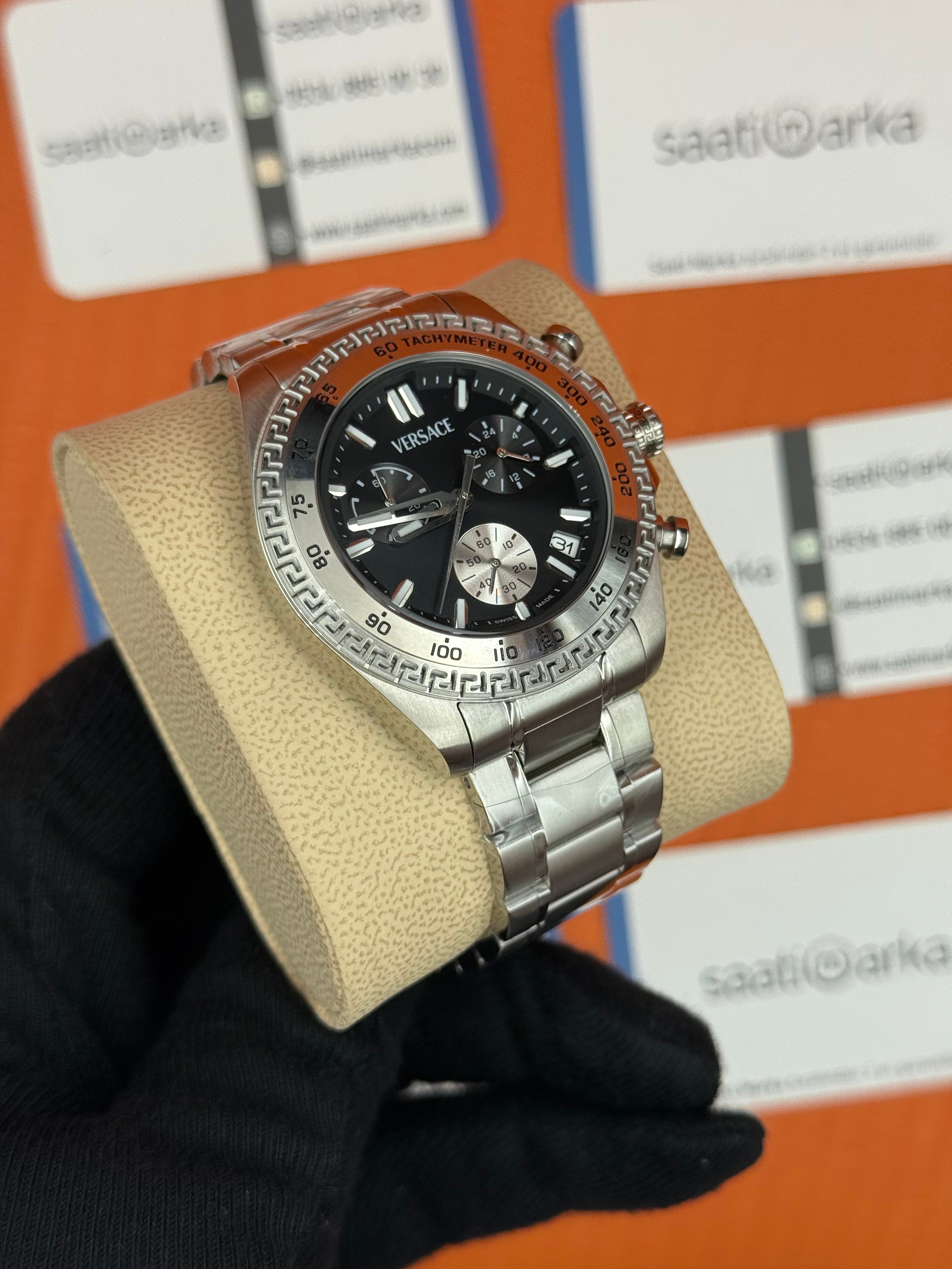 VERSACE siyah kadran silver kasa kordon erkek kol saati