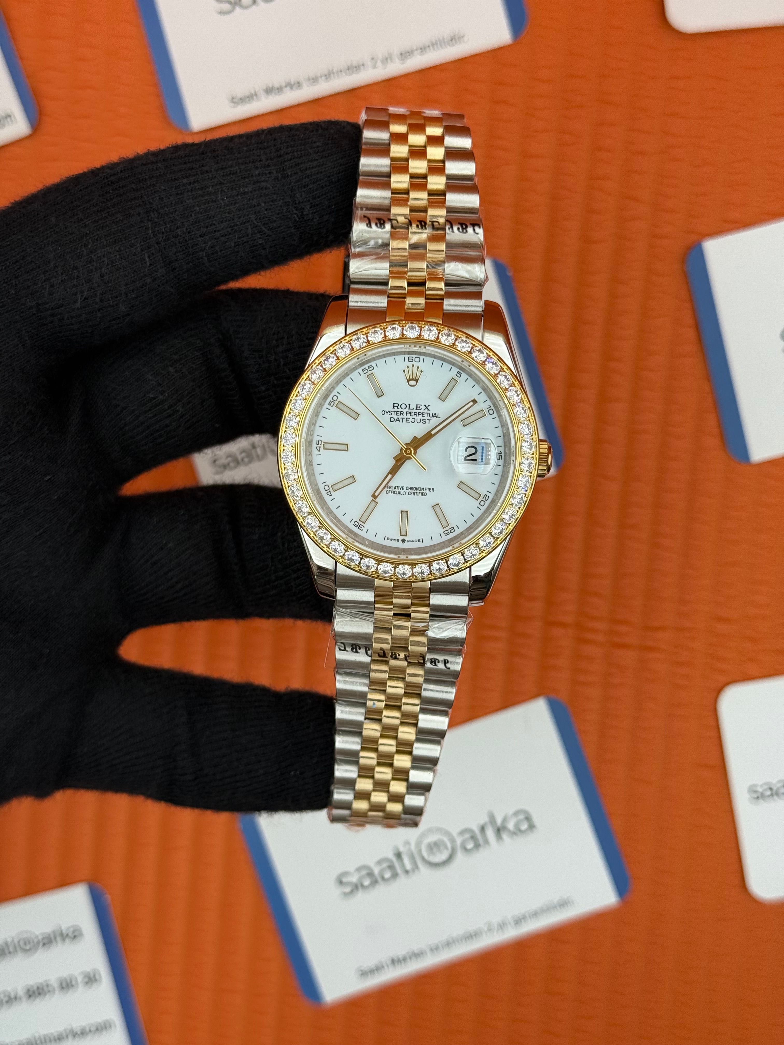 ROLEX Datejust taşlı bezel white dial gold-silver jubilee kordon
