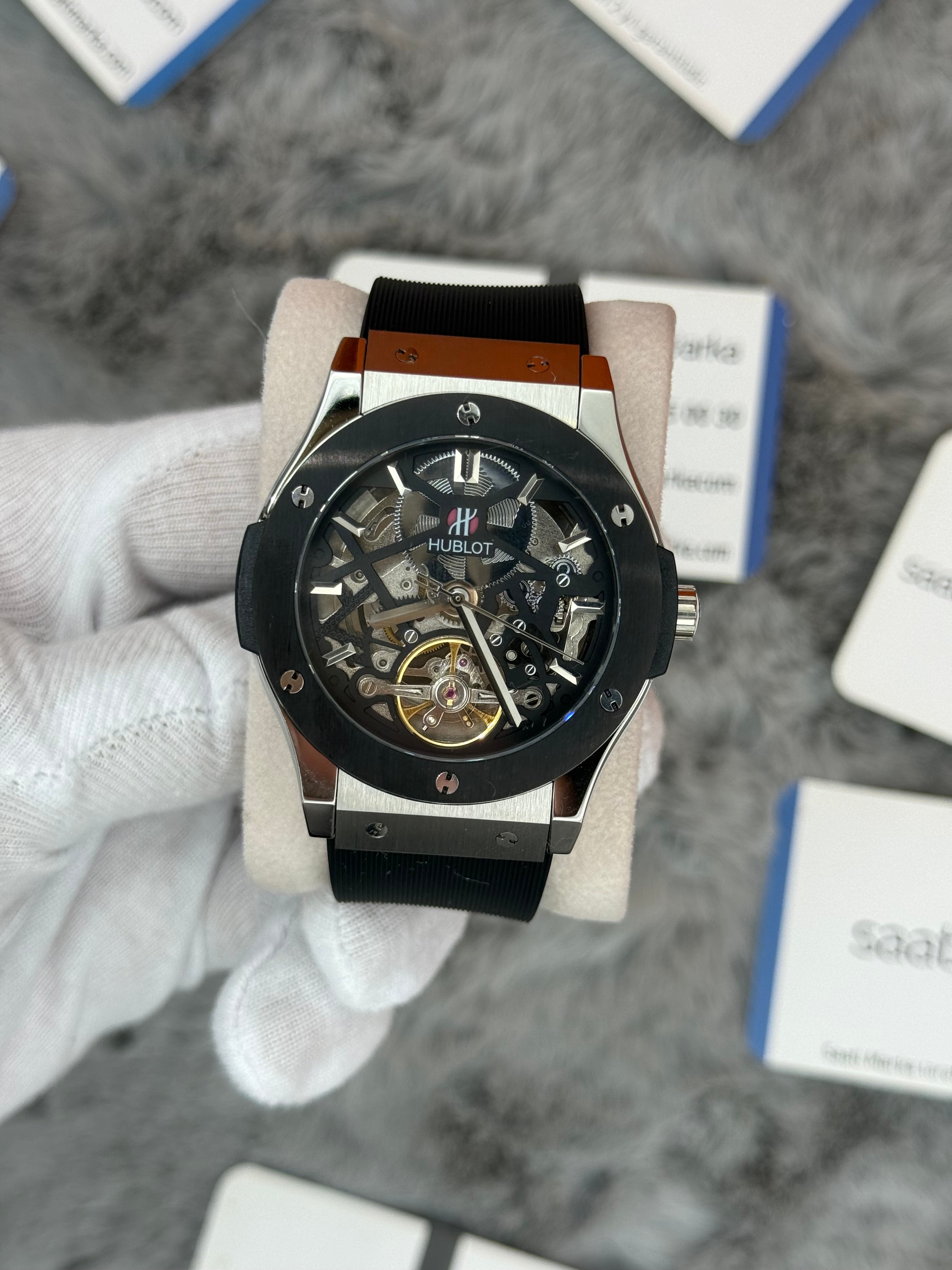 HUBLOT big bang tourbillon 41mm silver kasa siyah kauçuk kordon erkek kol saati