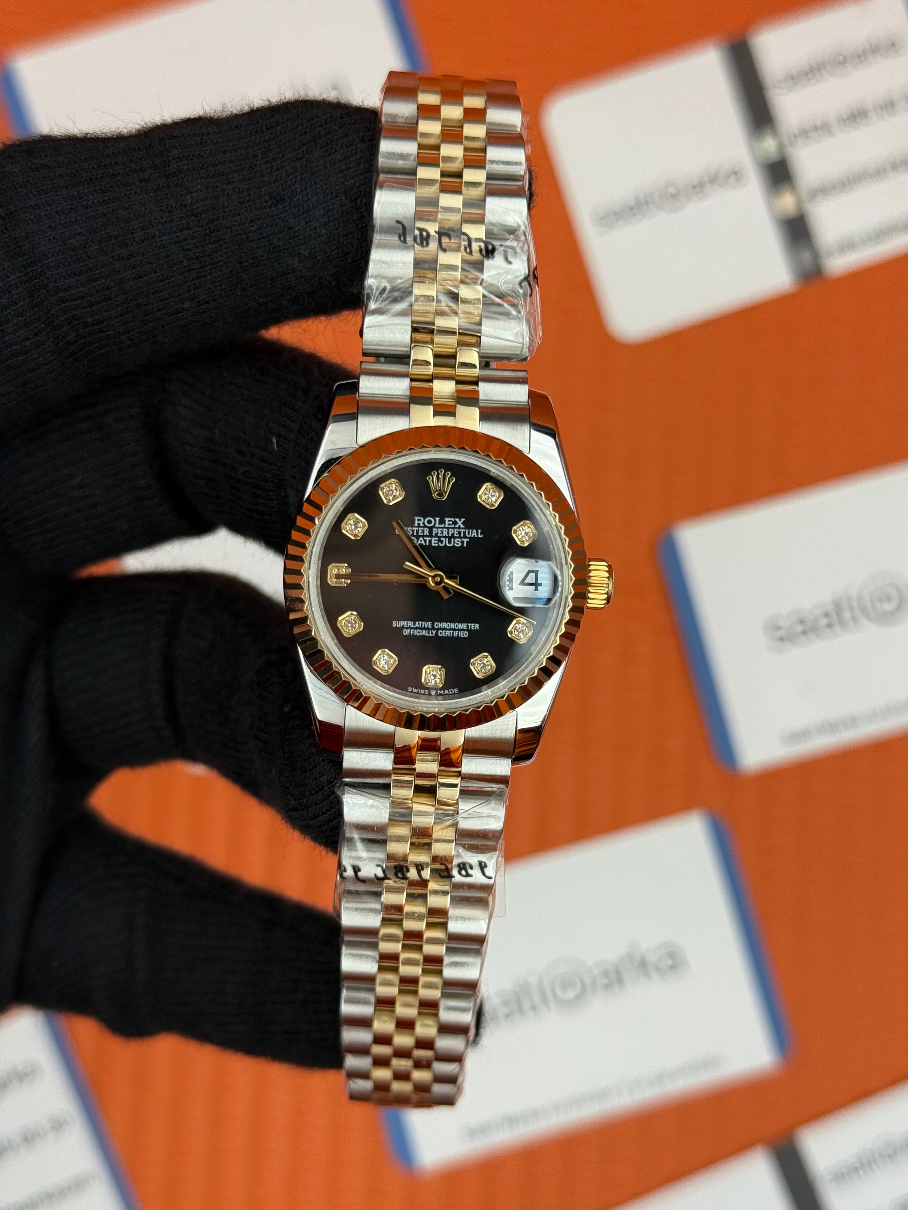 ROELX datejust 31mm siyah baget taşlı kadran gold silver jubilee kordon