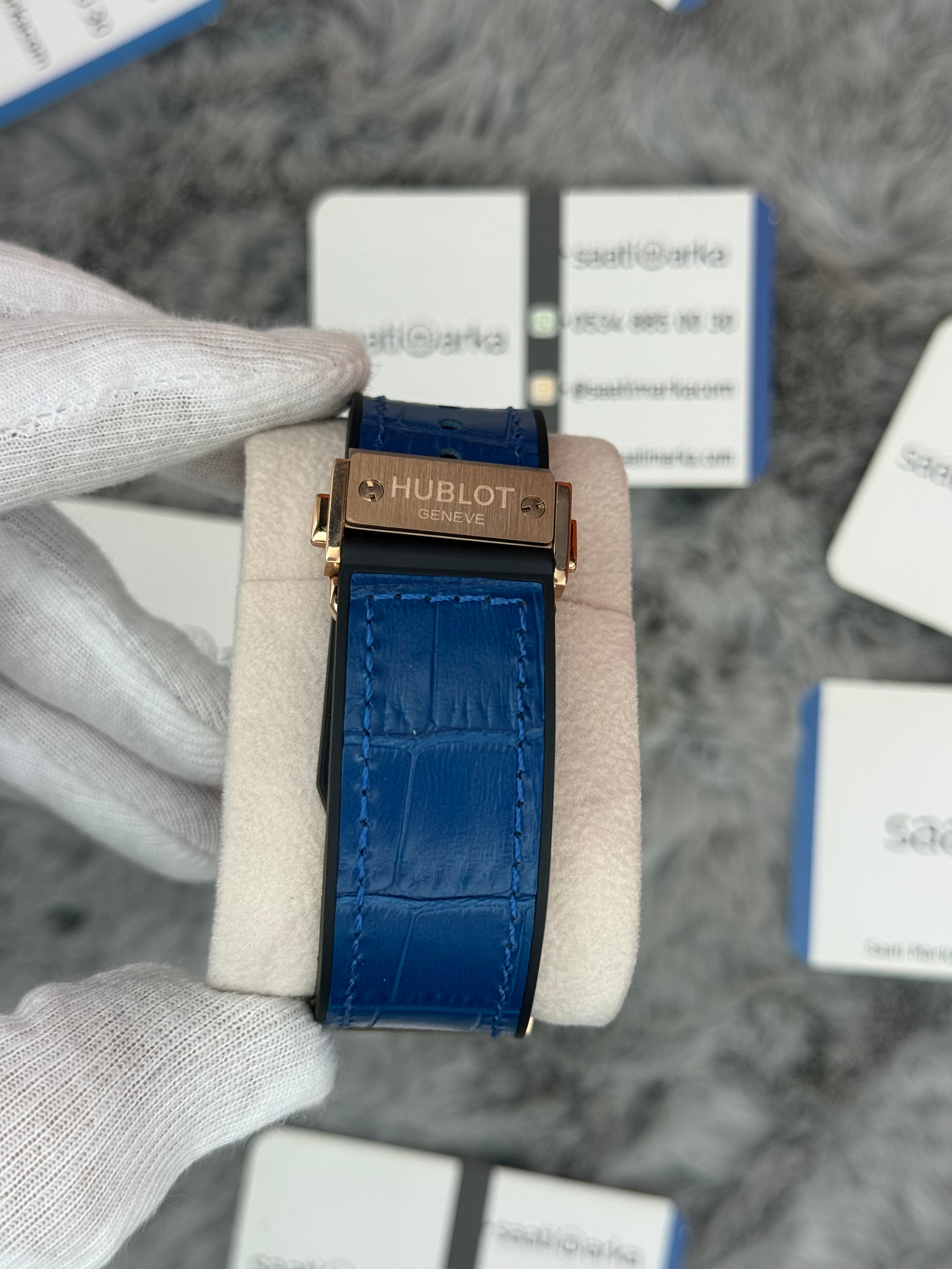 HUBLOT big bang tourbillon 41mm rose kasa mavi deri kordon erkek kol saati