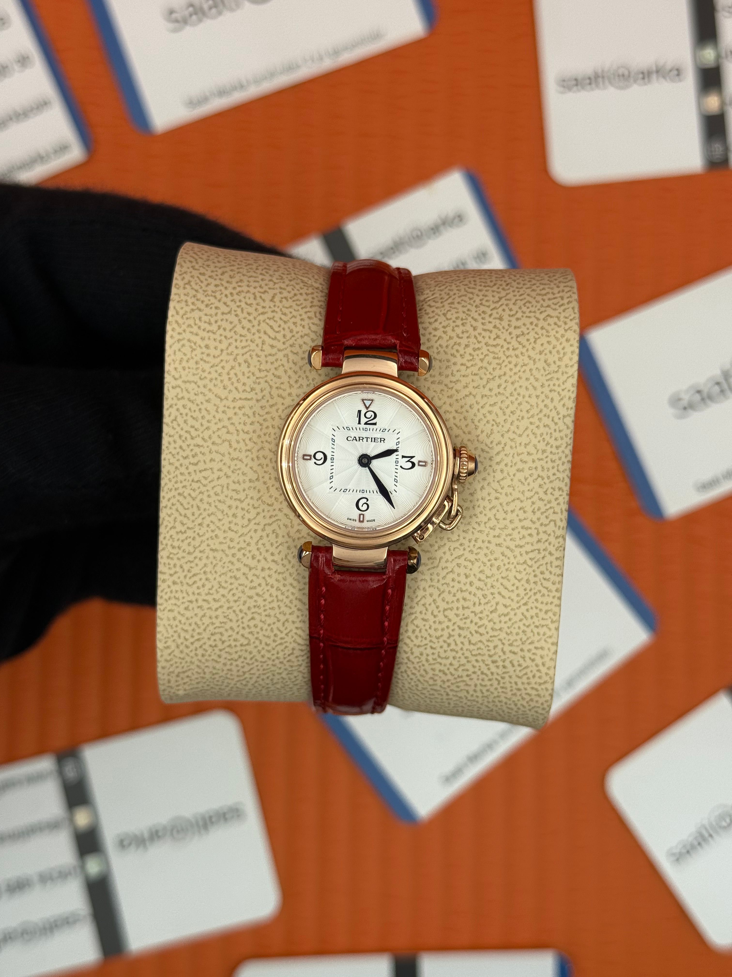 CARTIER Pasha 27mm kadın kol saati rose kasa kırmızı deri kordon