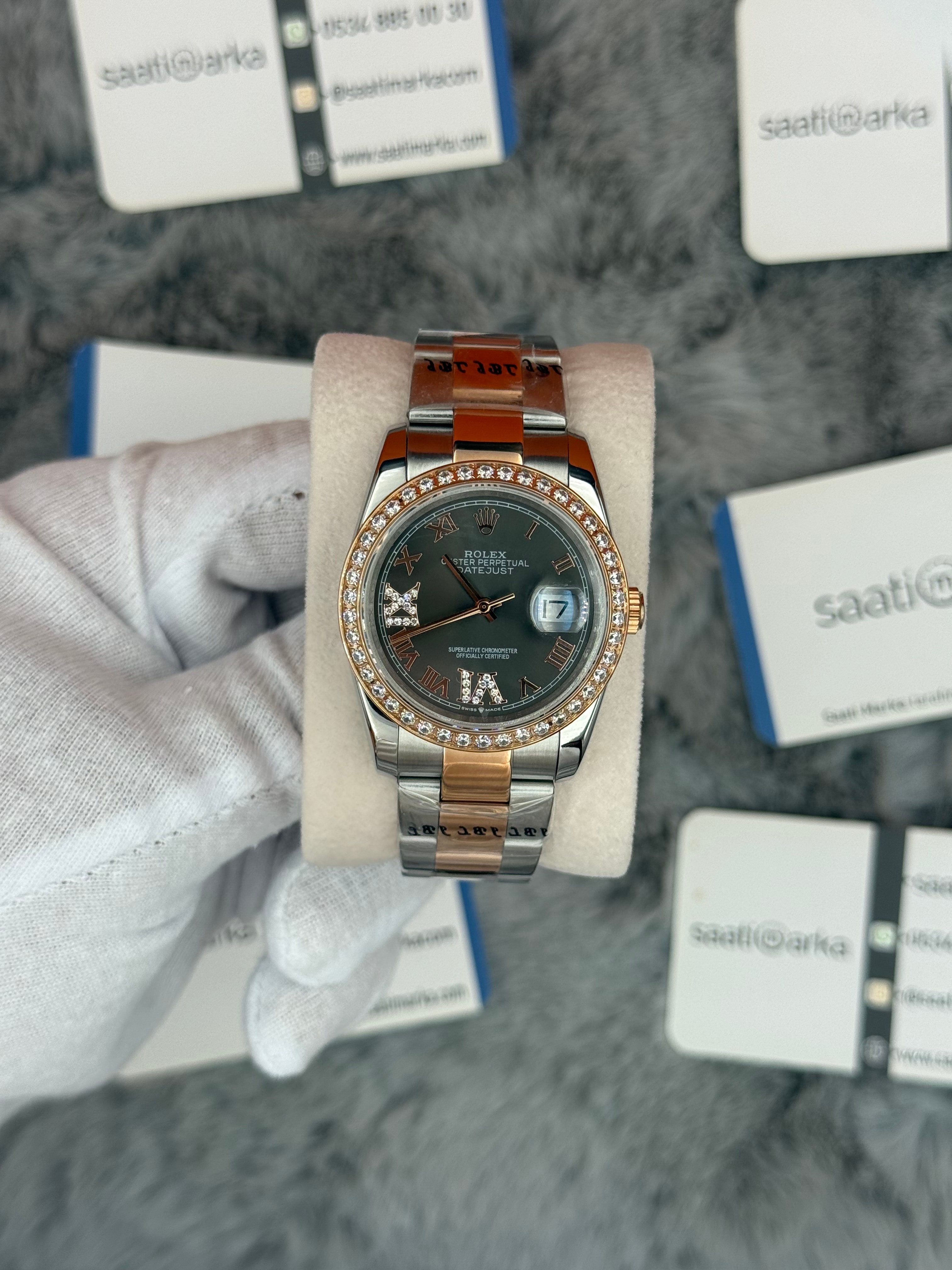 ROLEX Datejust 36mm gri kadran taşlı bezel silver kasa rose silver oyster kordon 