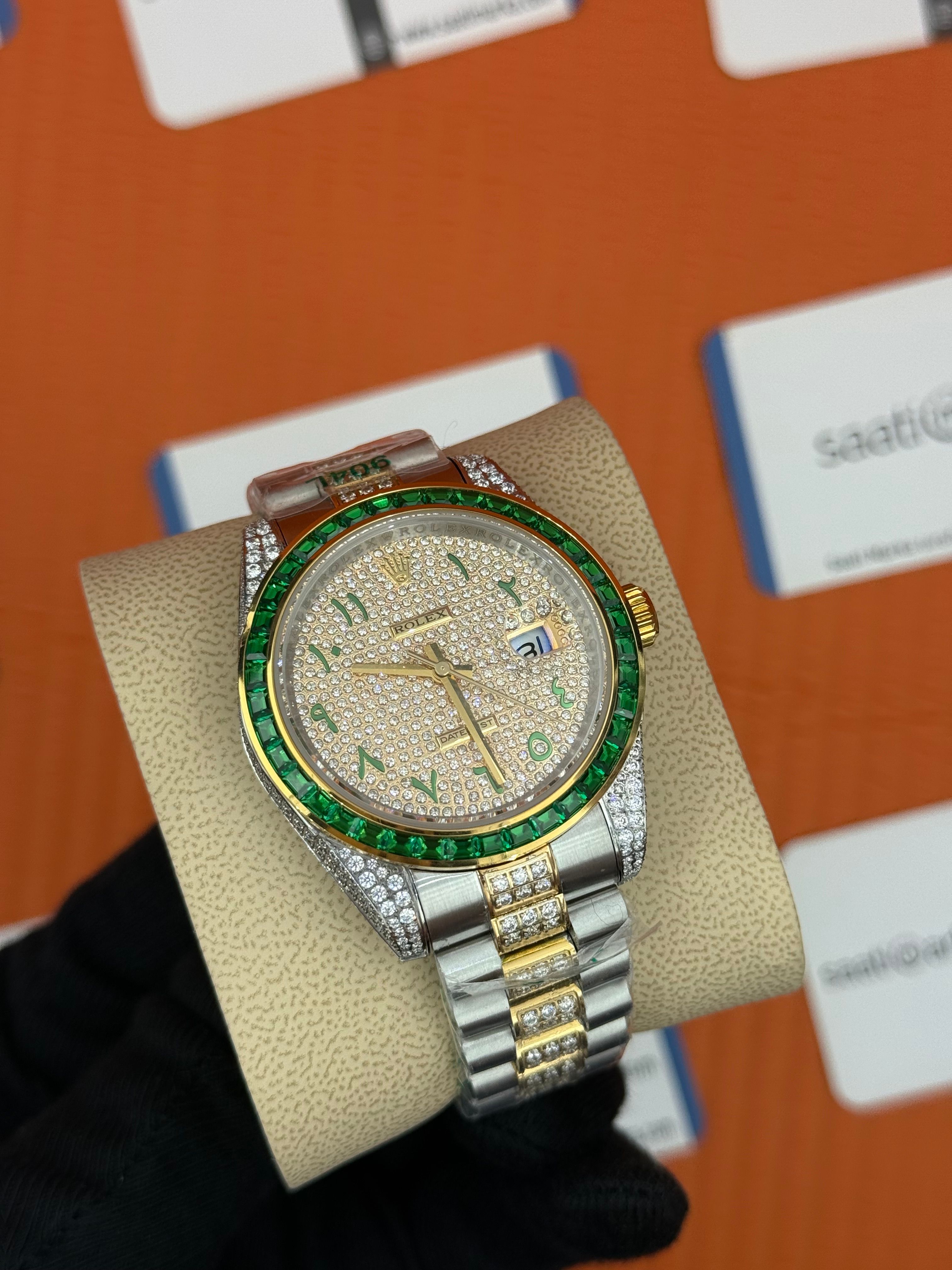 ROLEX Datejust arap rakamlı kadran taşlı kasa kordon gold silver