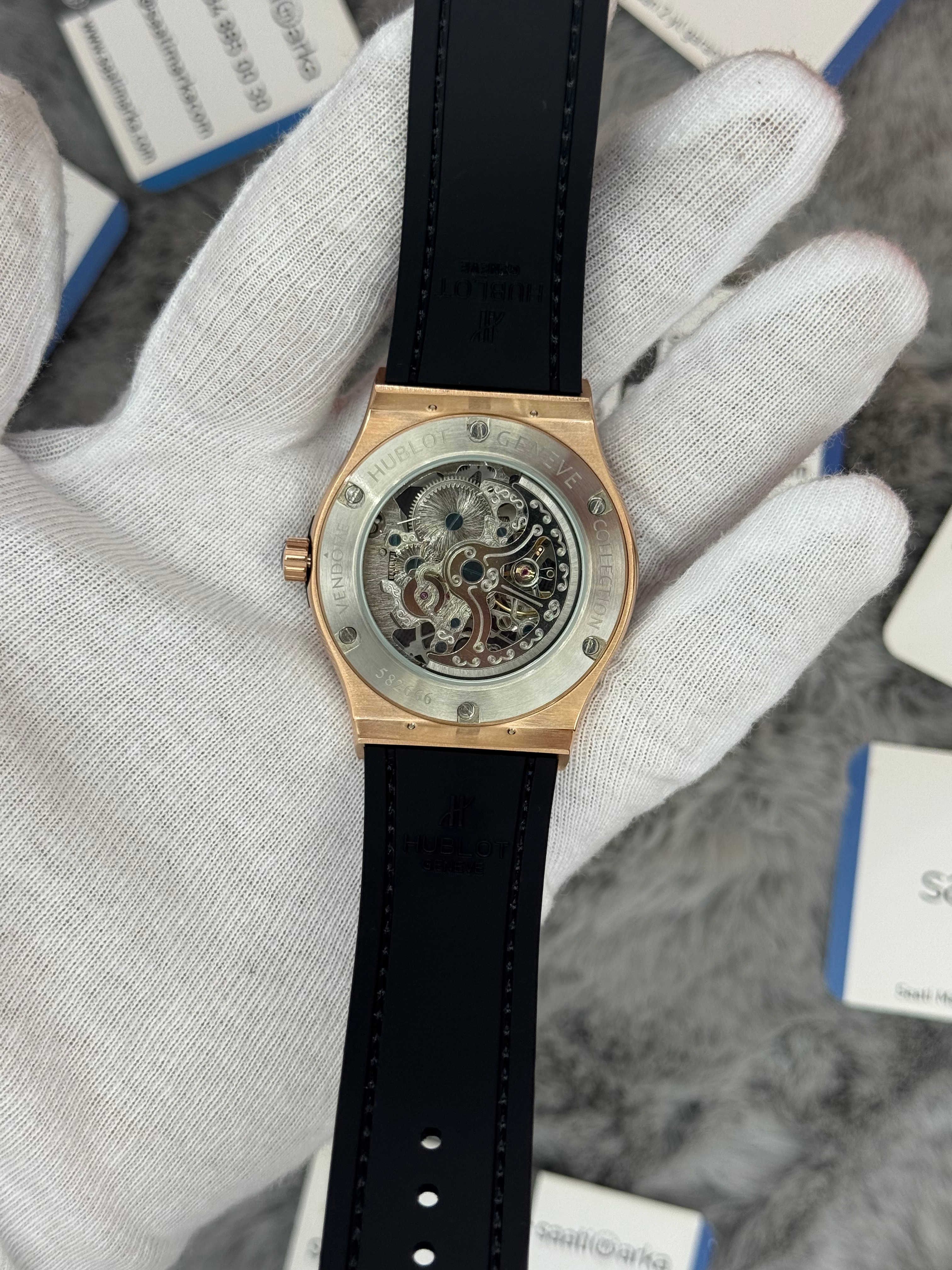 HUBLOT big bang tourbillon 41mm rose kasa mavi deri kordon erkek kol saati