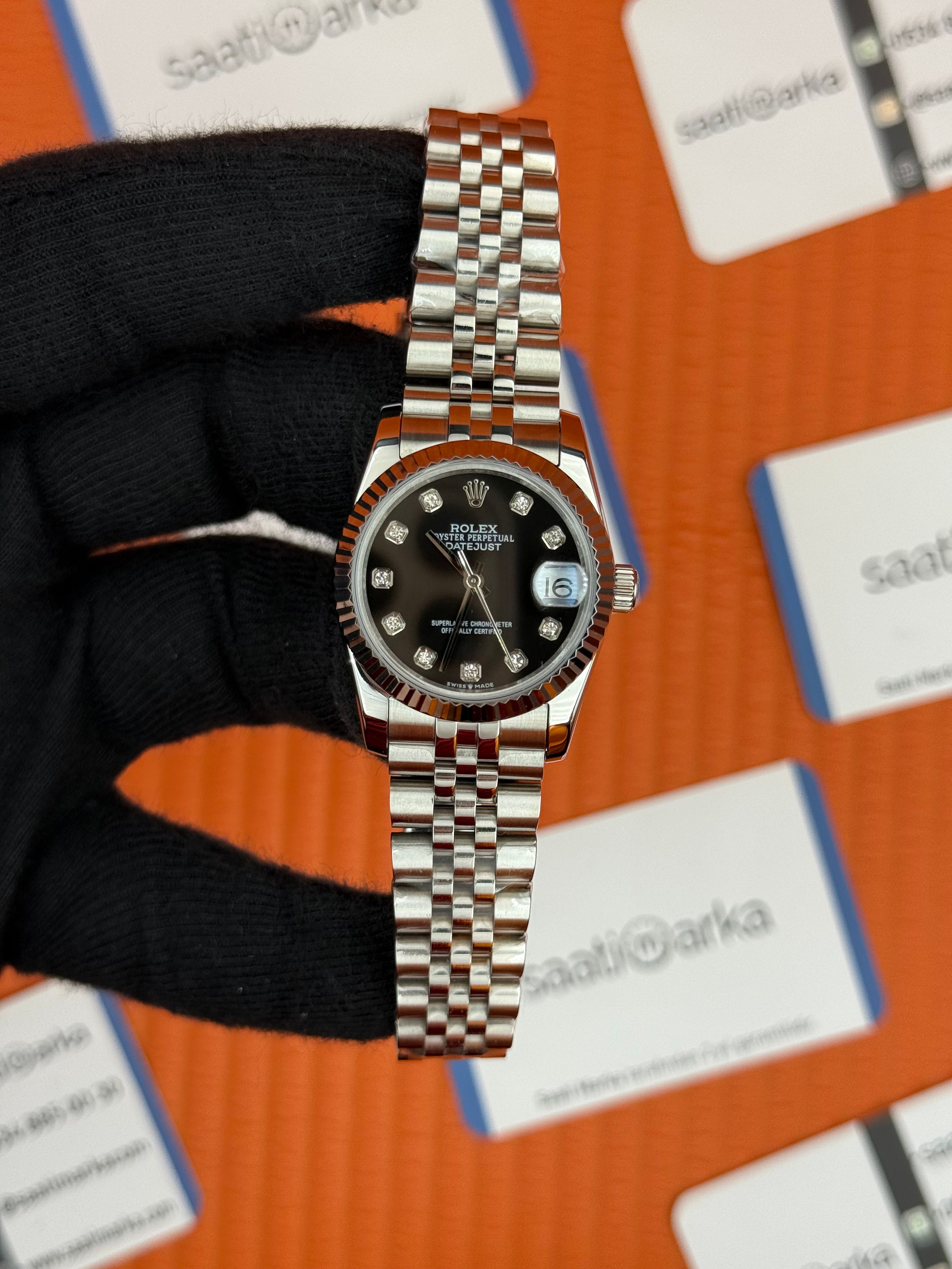 ROLEX datejust 31mm siyah baget taşlı kadran silver jubilee kordon