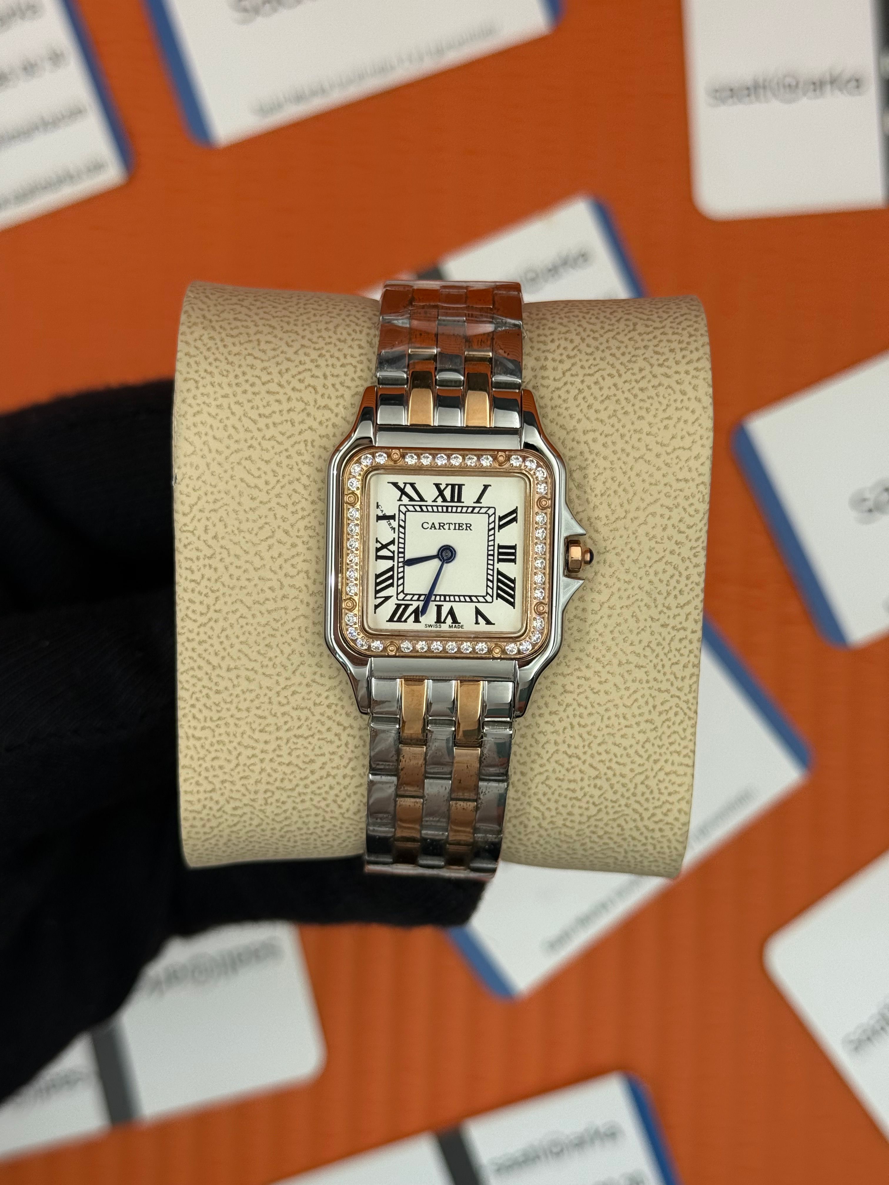 CARTIER Panthere 27mm taşlı bezel rose silver kordon lacivert akrep yelkovan