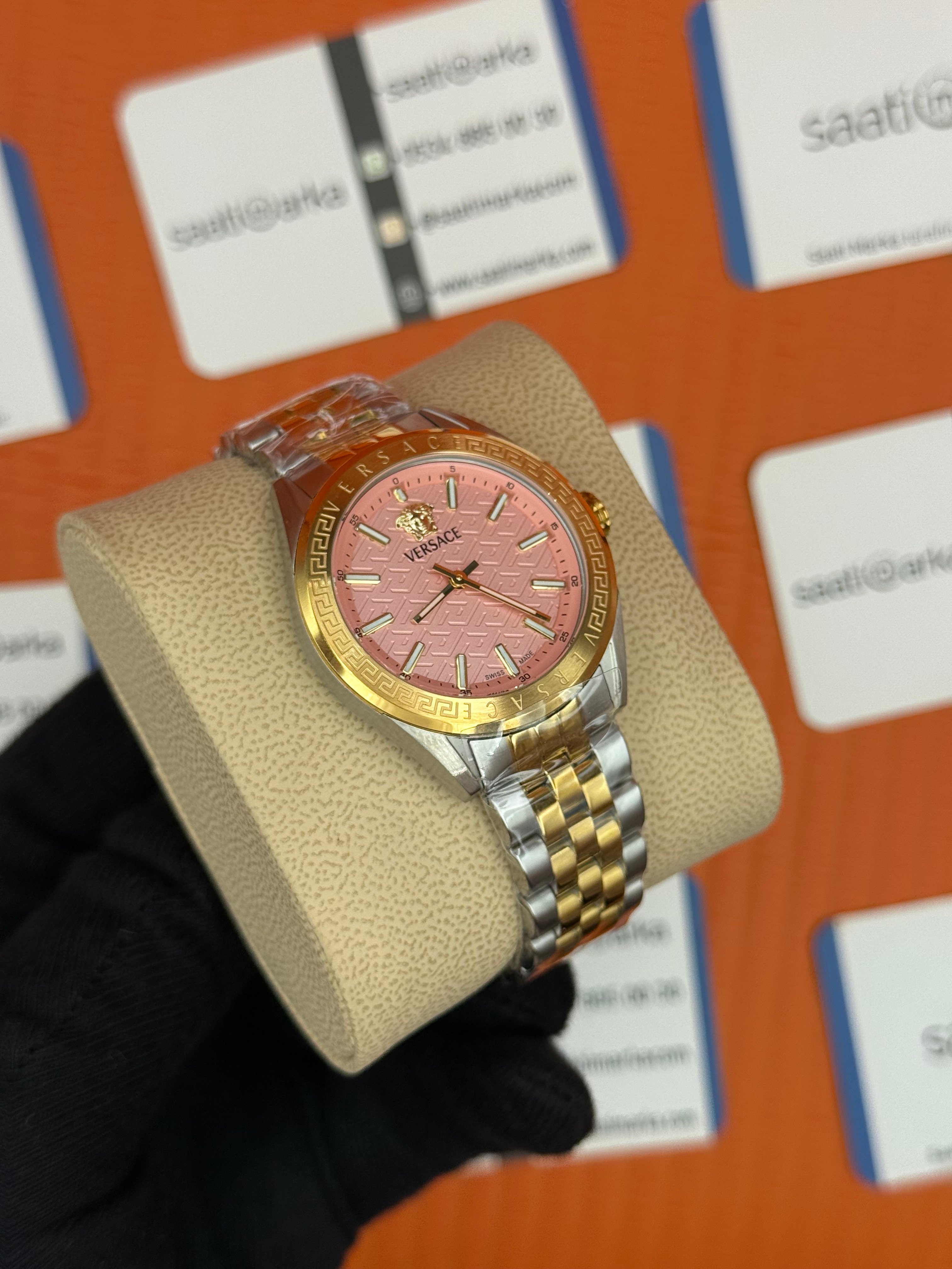 VERSACE pembe kadran gold silver kordon kadın kol saati