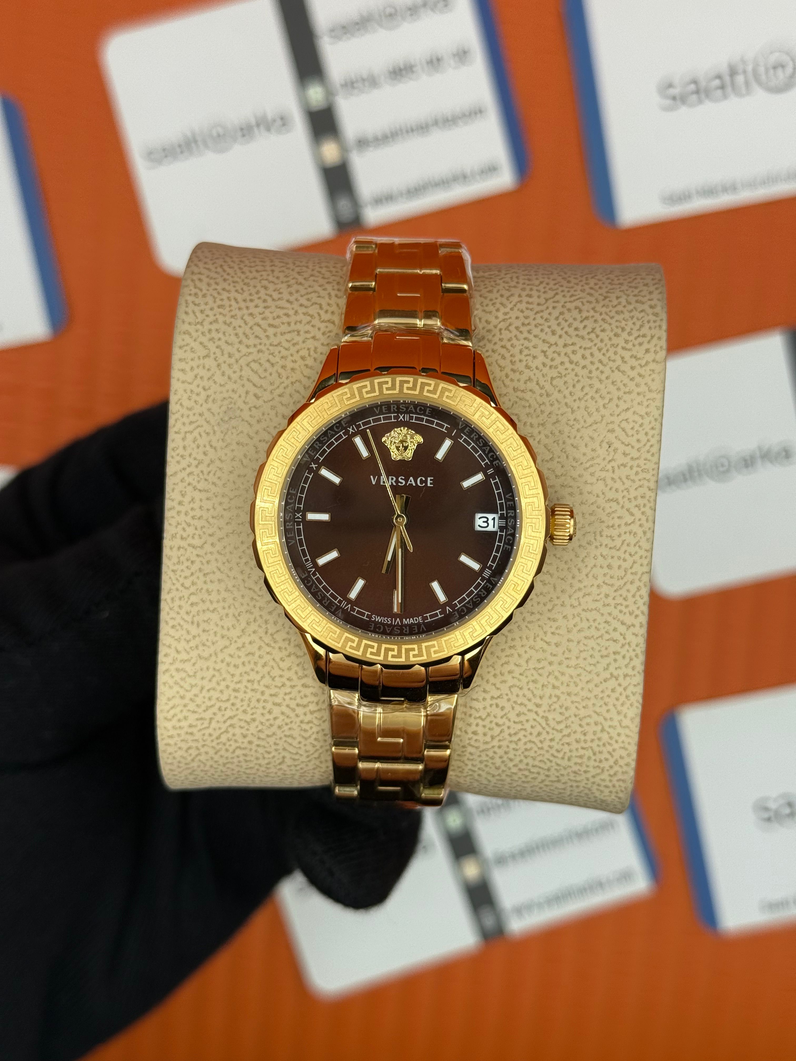 VERSACE kahverengi kadran gold kasa kordon kadın kol saati