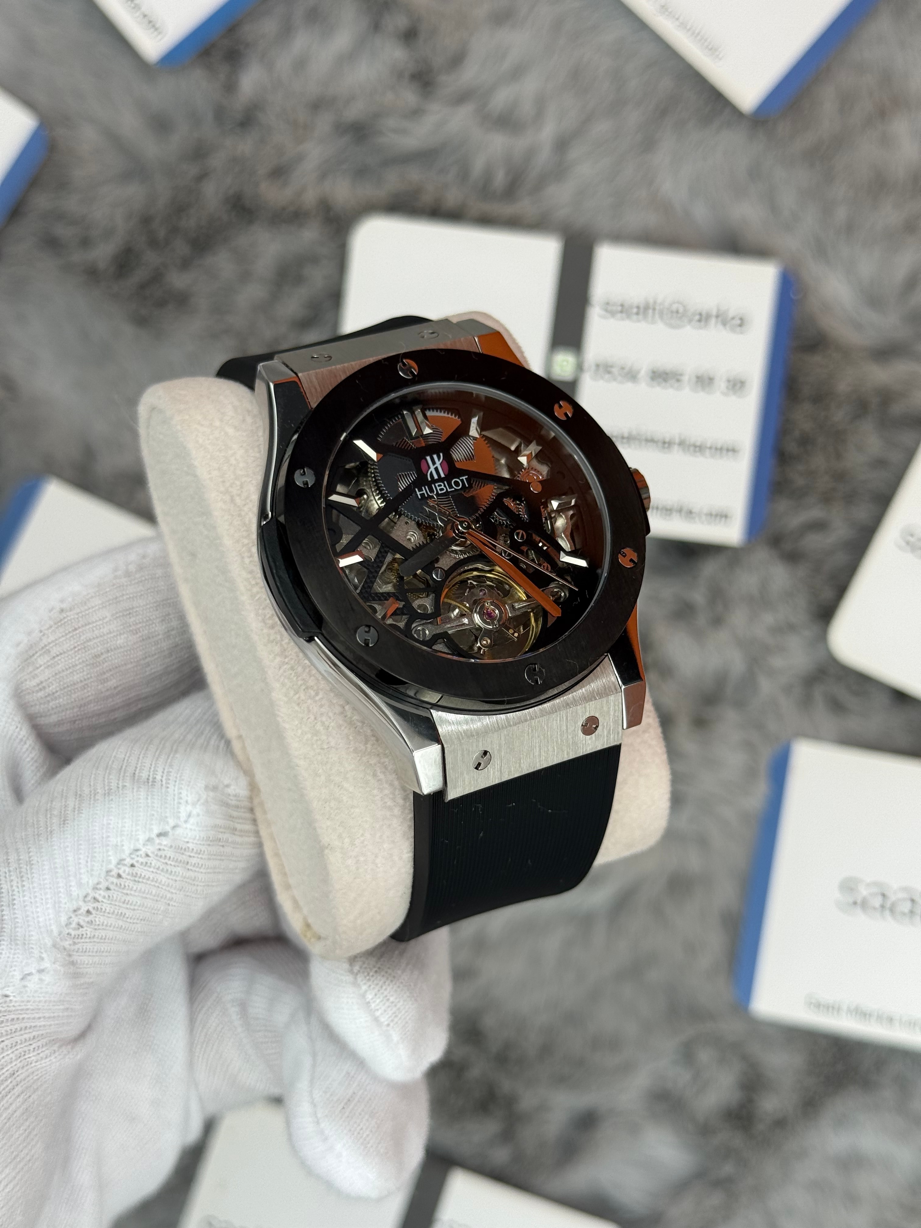 HUBLOT big bang tourbillon 41mm silver kasa siyah kauçuk kordon erkek kol saati