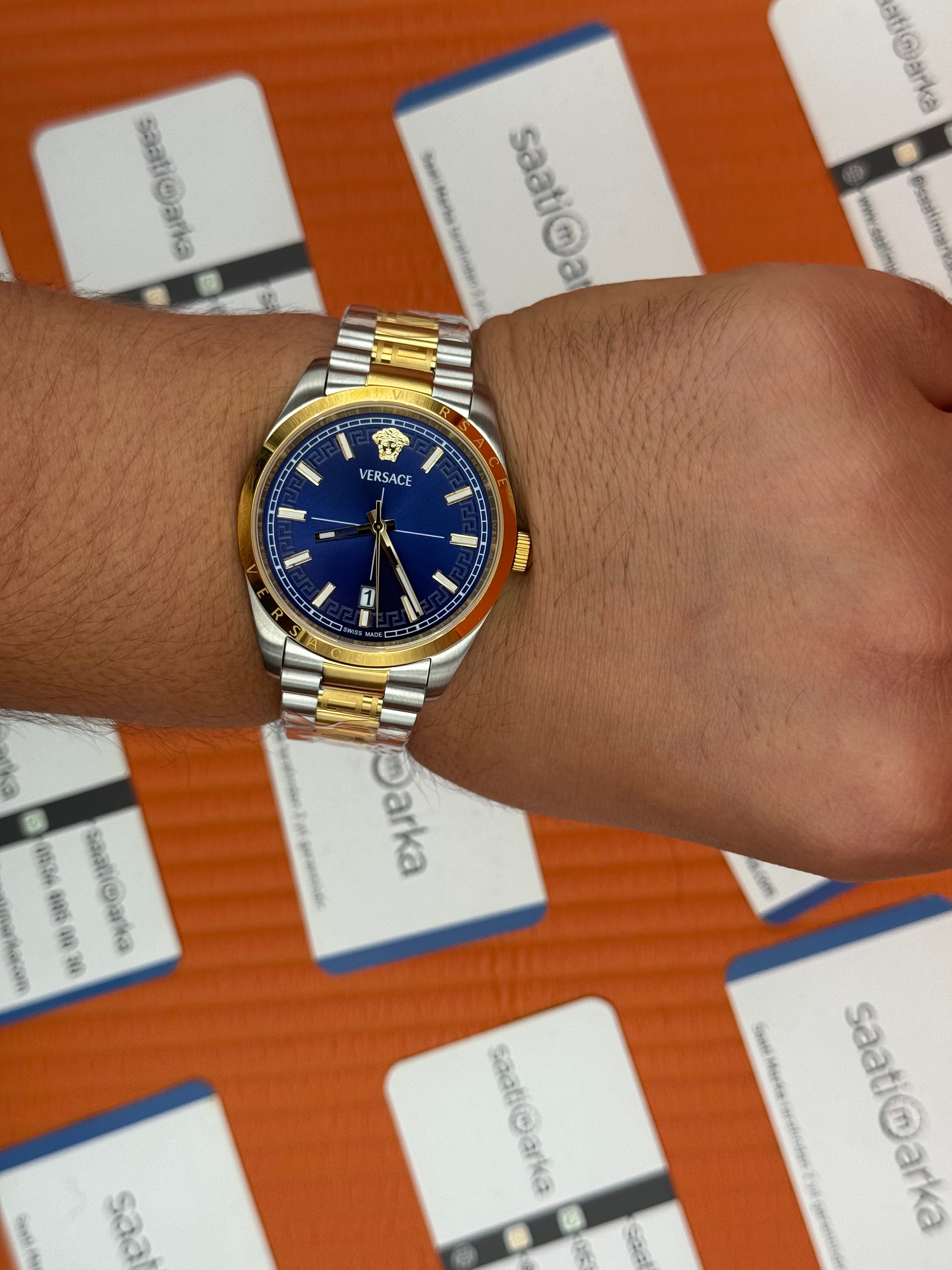 VERSACE 40mm lacivert kadran gold silver kasa kordon erkek kol saati