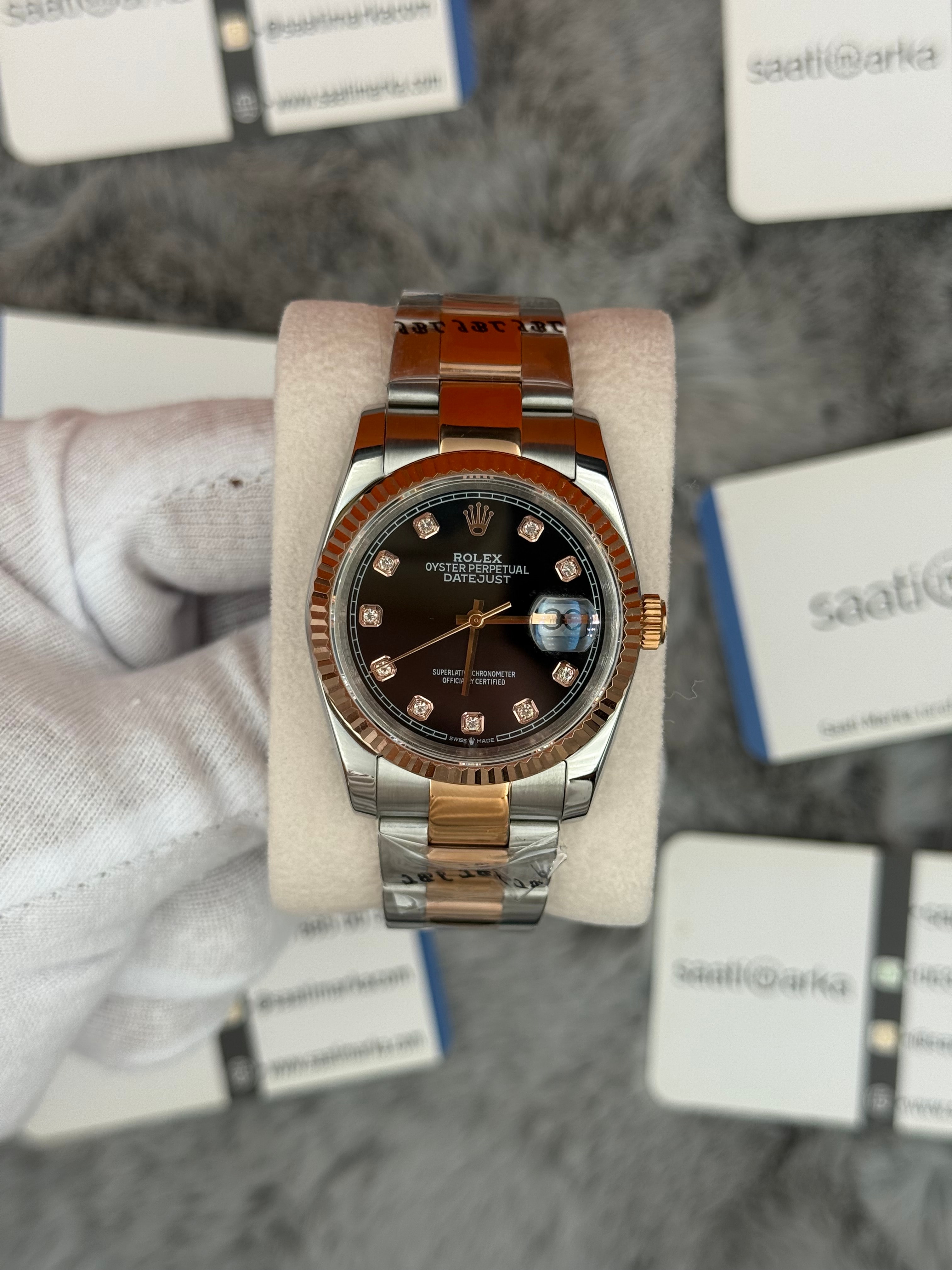 ROLEX Datejust 36mm siyah baget taşlı kadran silver kasa rose silver oyster kordon 