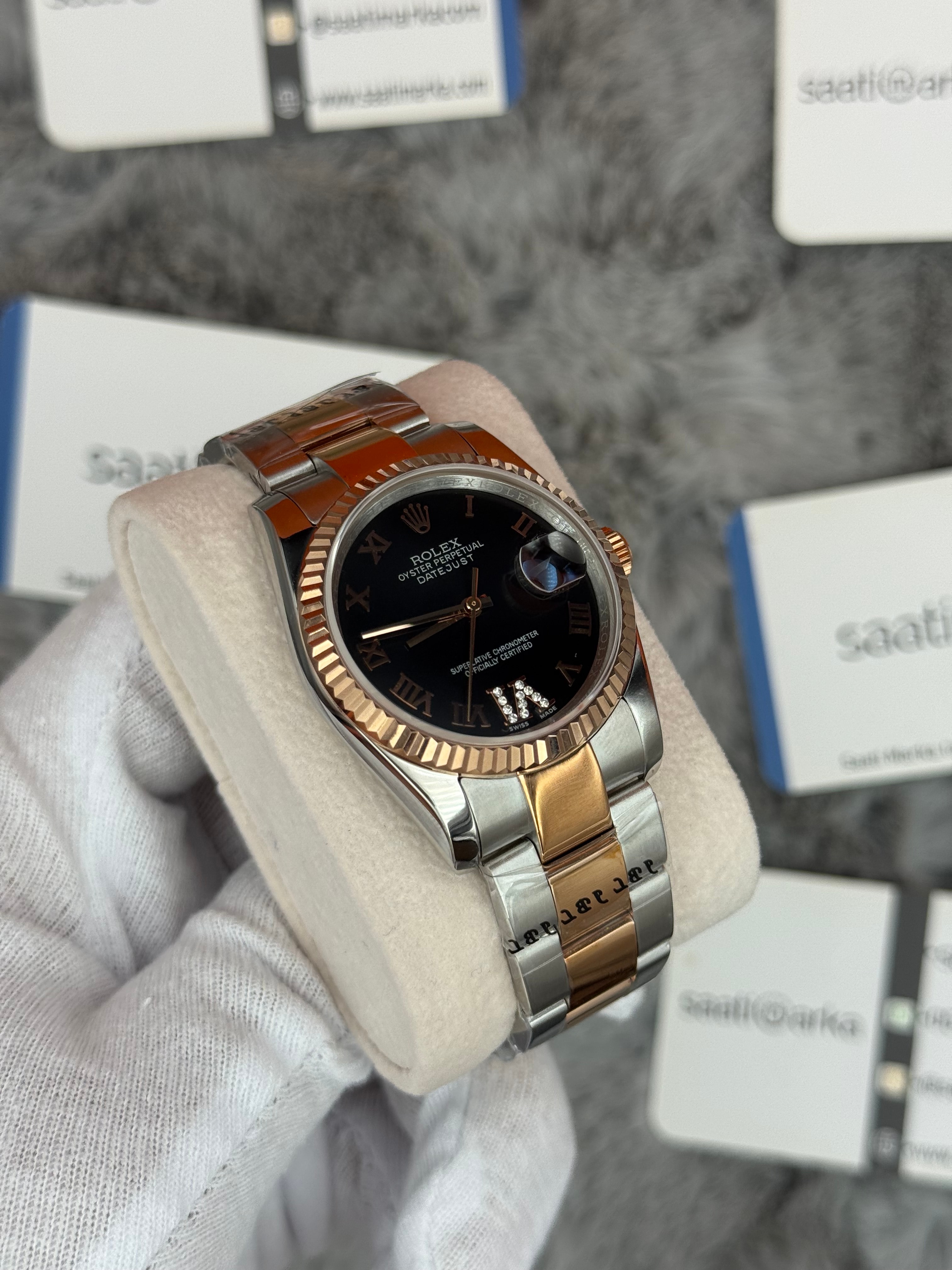 ROLEX datejust 36mm siyah kadran silver kasa rose silver oyster kordon 