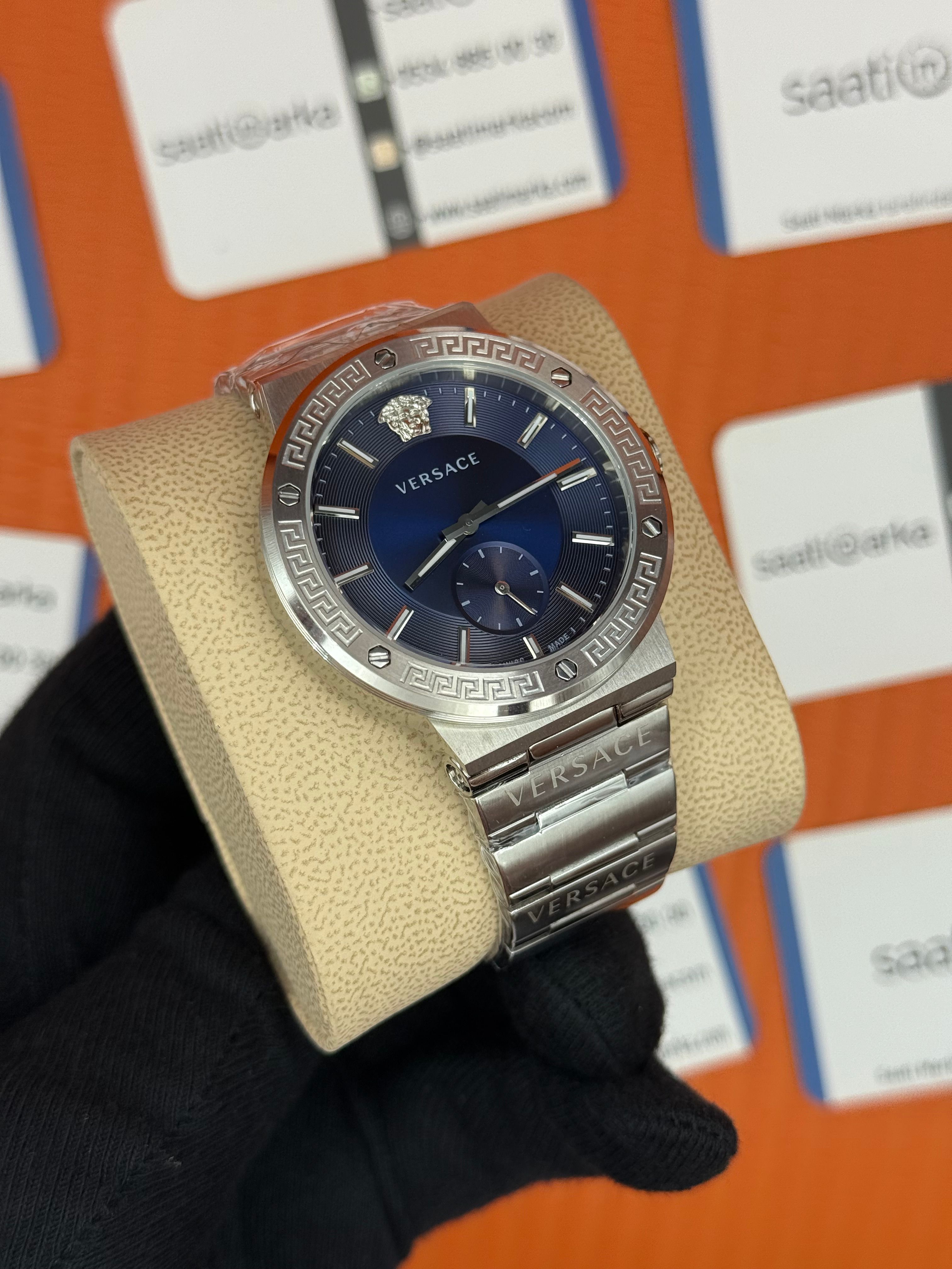 VERSACE mavi kadran silver kasa kordon erkek kol saati