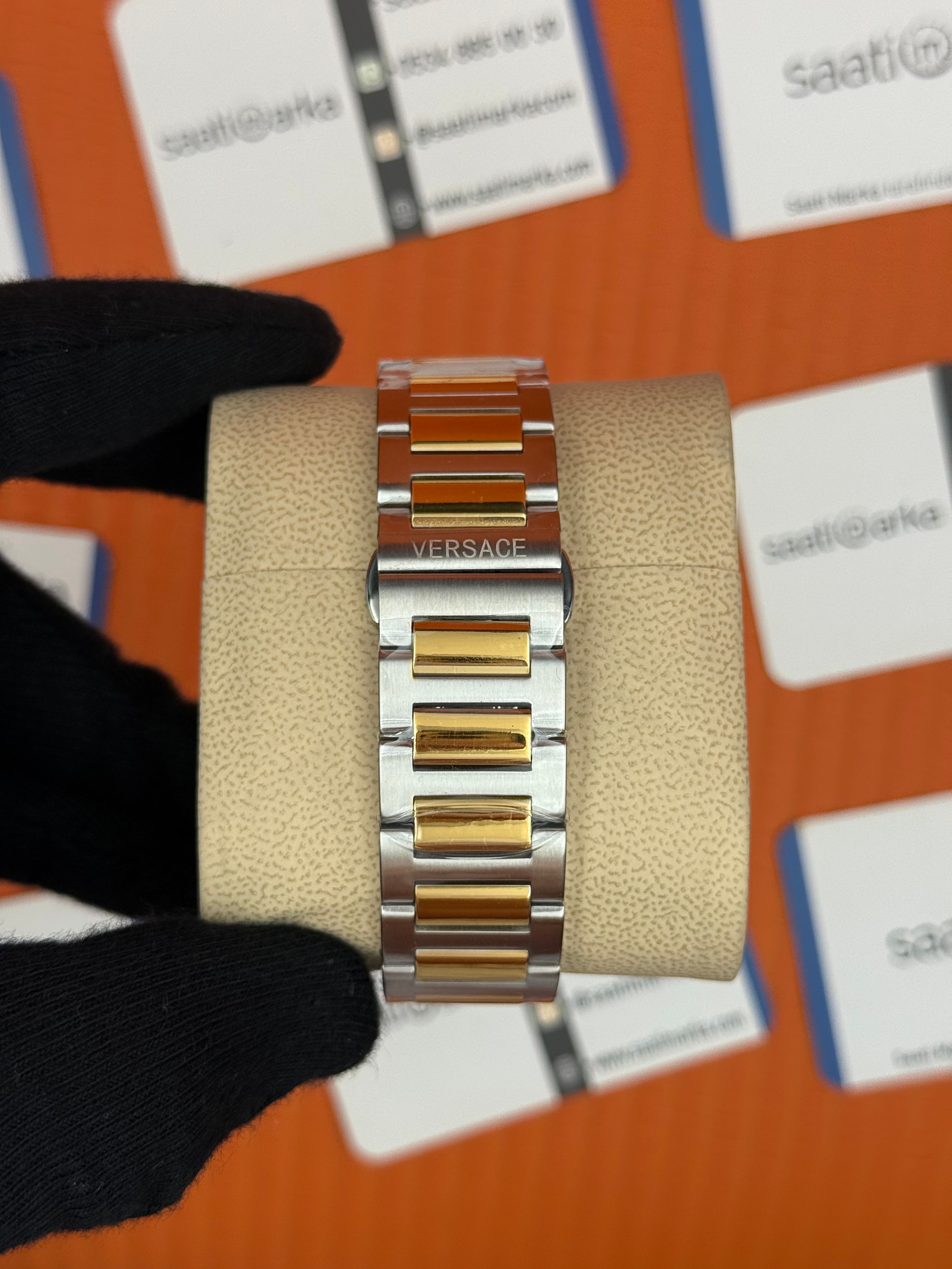 VERSACE mavi kadran gold silver kasa kordon siyah bezel erkek kol saati