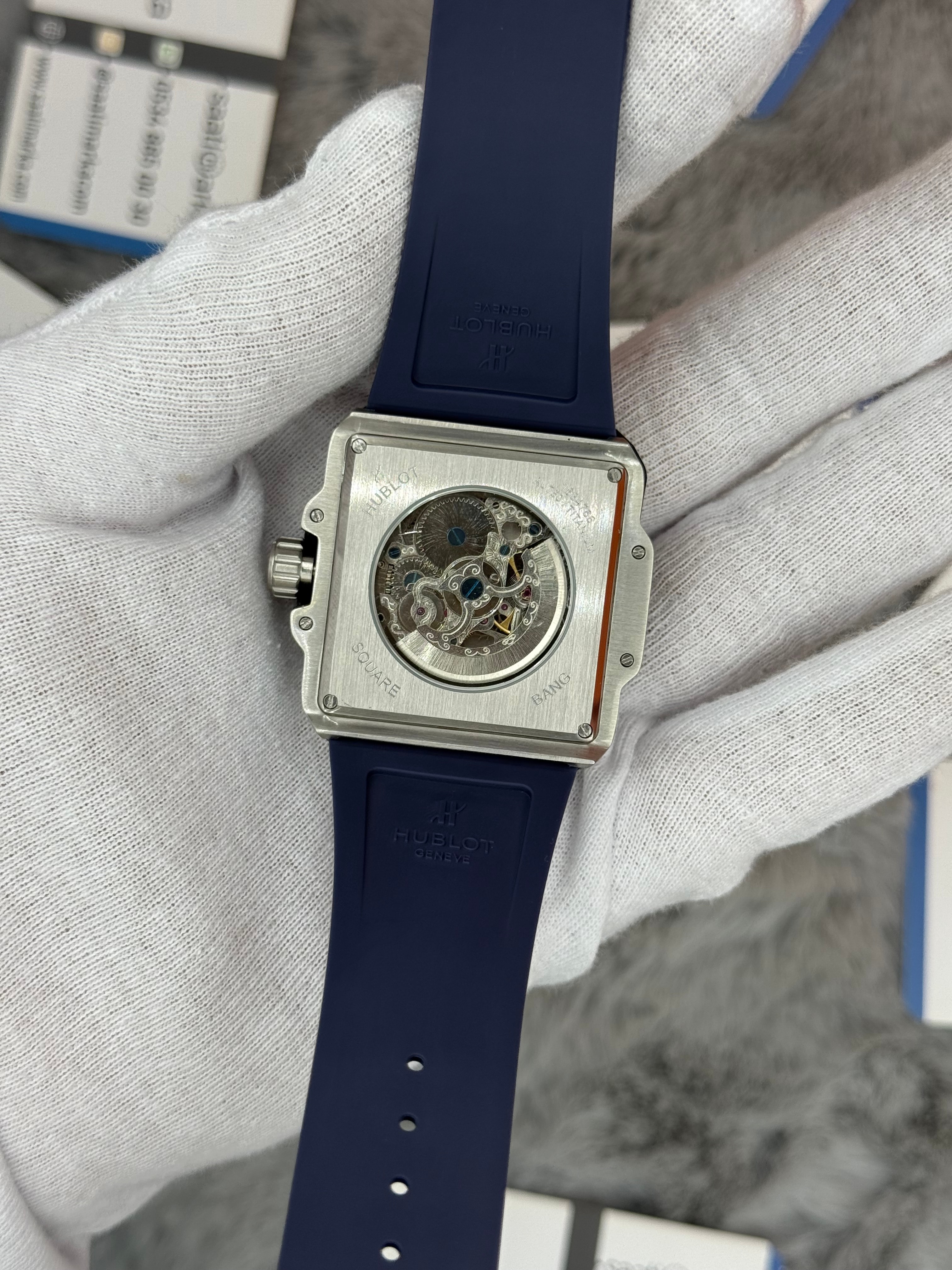 HUBLOT square bang tourbillon 42mm silver kasa lacivert kauçuk kordon erkek kol saati