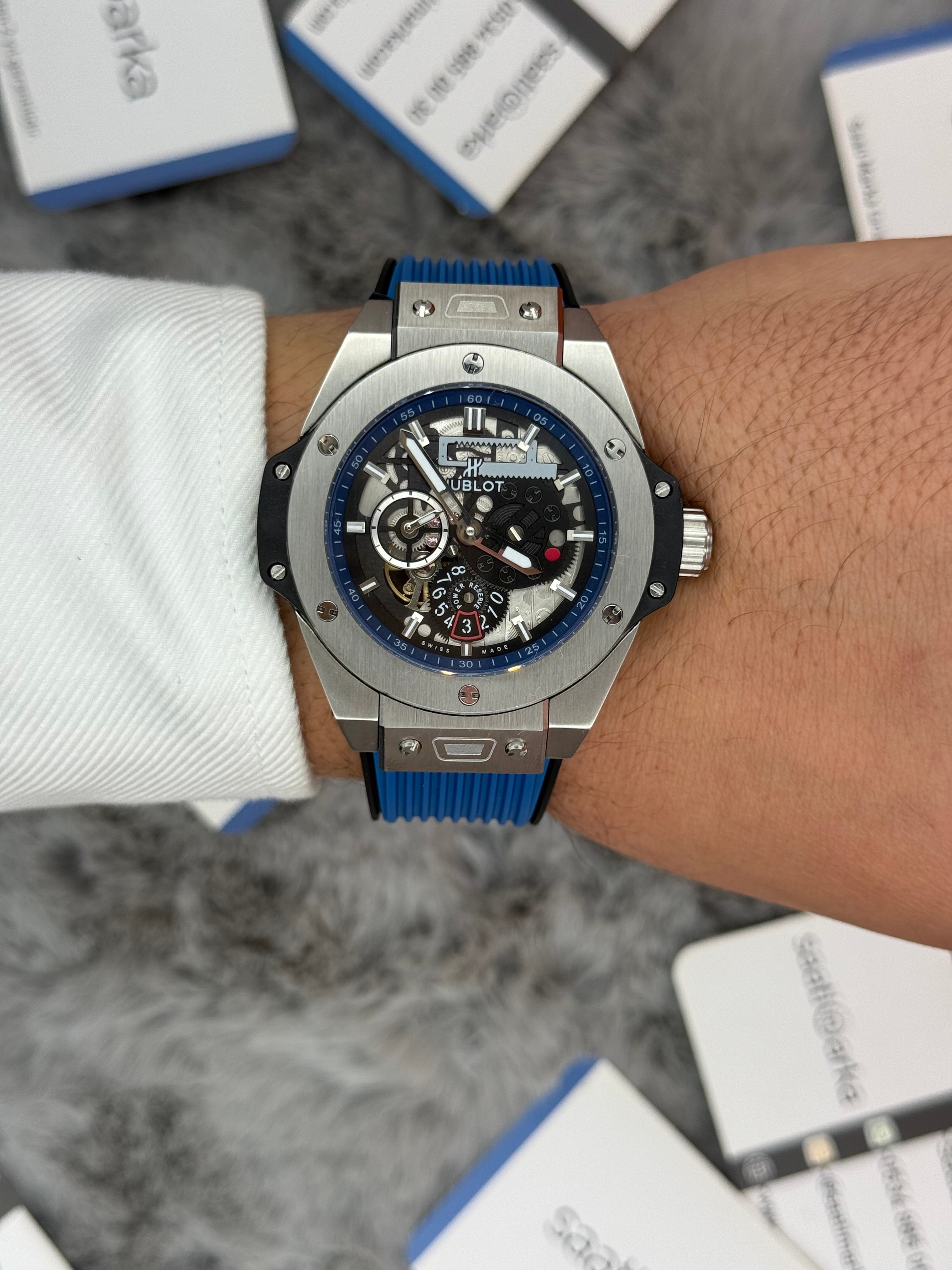 HUBLOT big bang tourbillon 42mm silver kasa mavi kauçuk kordon erkek kol saati