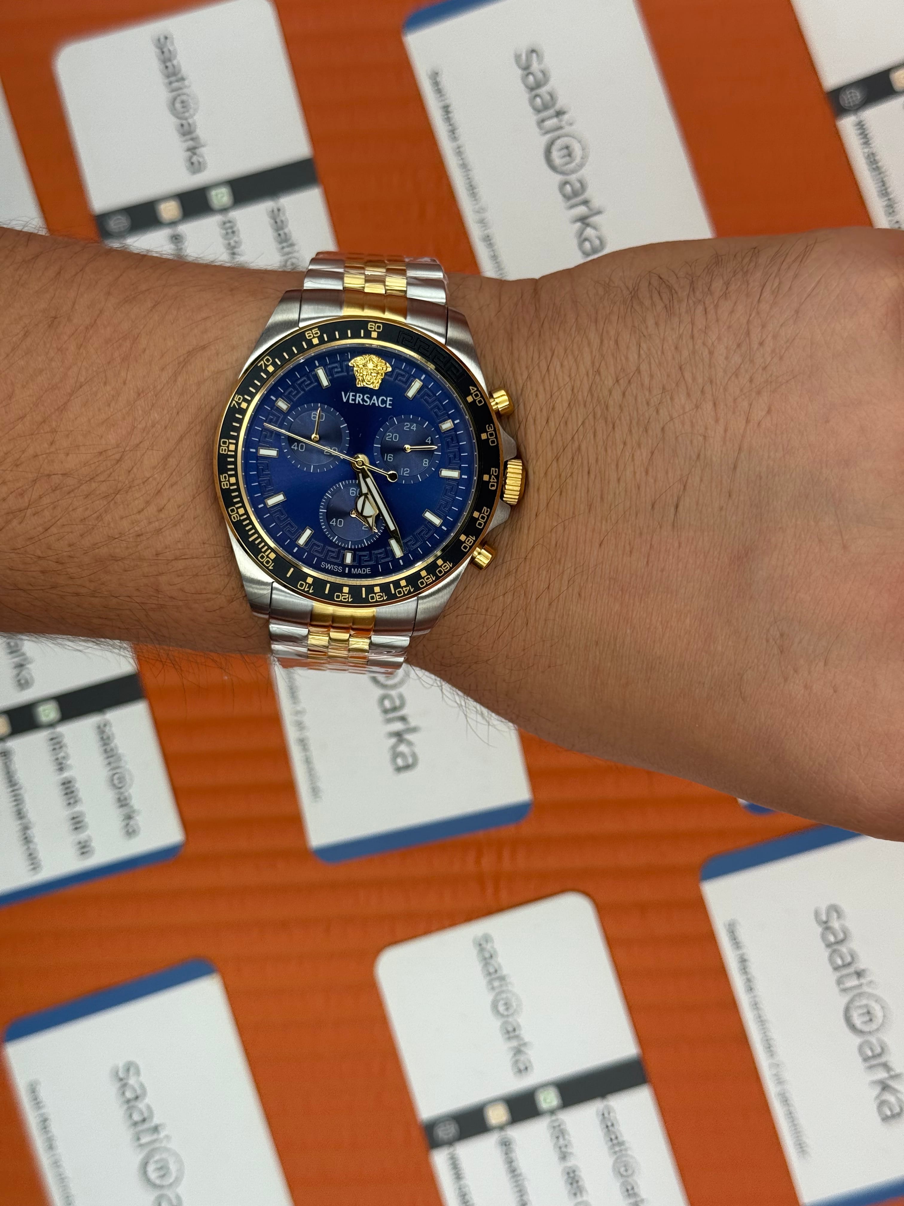 VERSACE lacivert kadran gold silver kasa kordon jubilee erkek kol saati