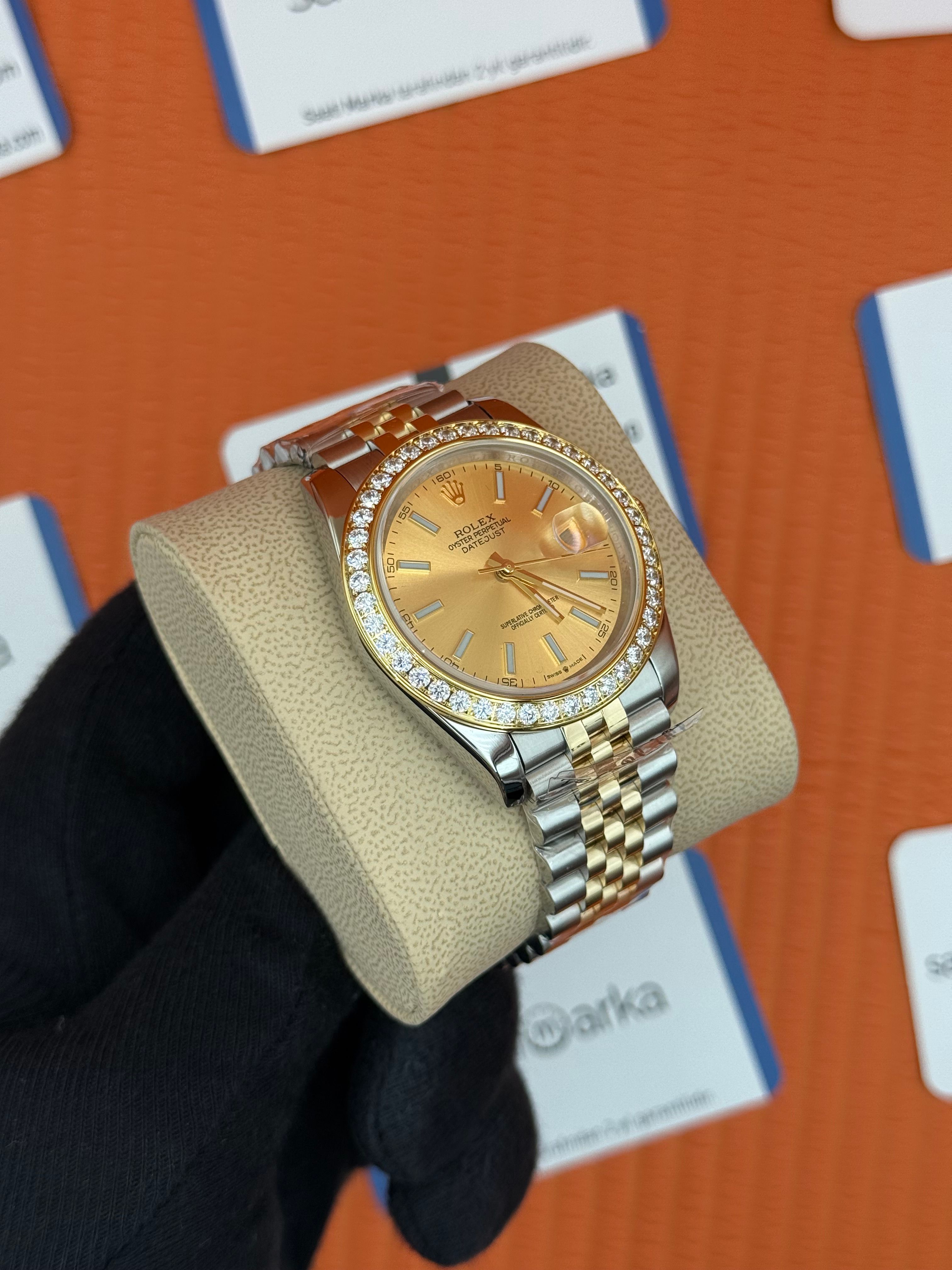 ROLEX Datejust taşlı bezel champagne dial gold silver jubilee krodon