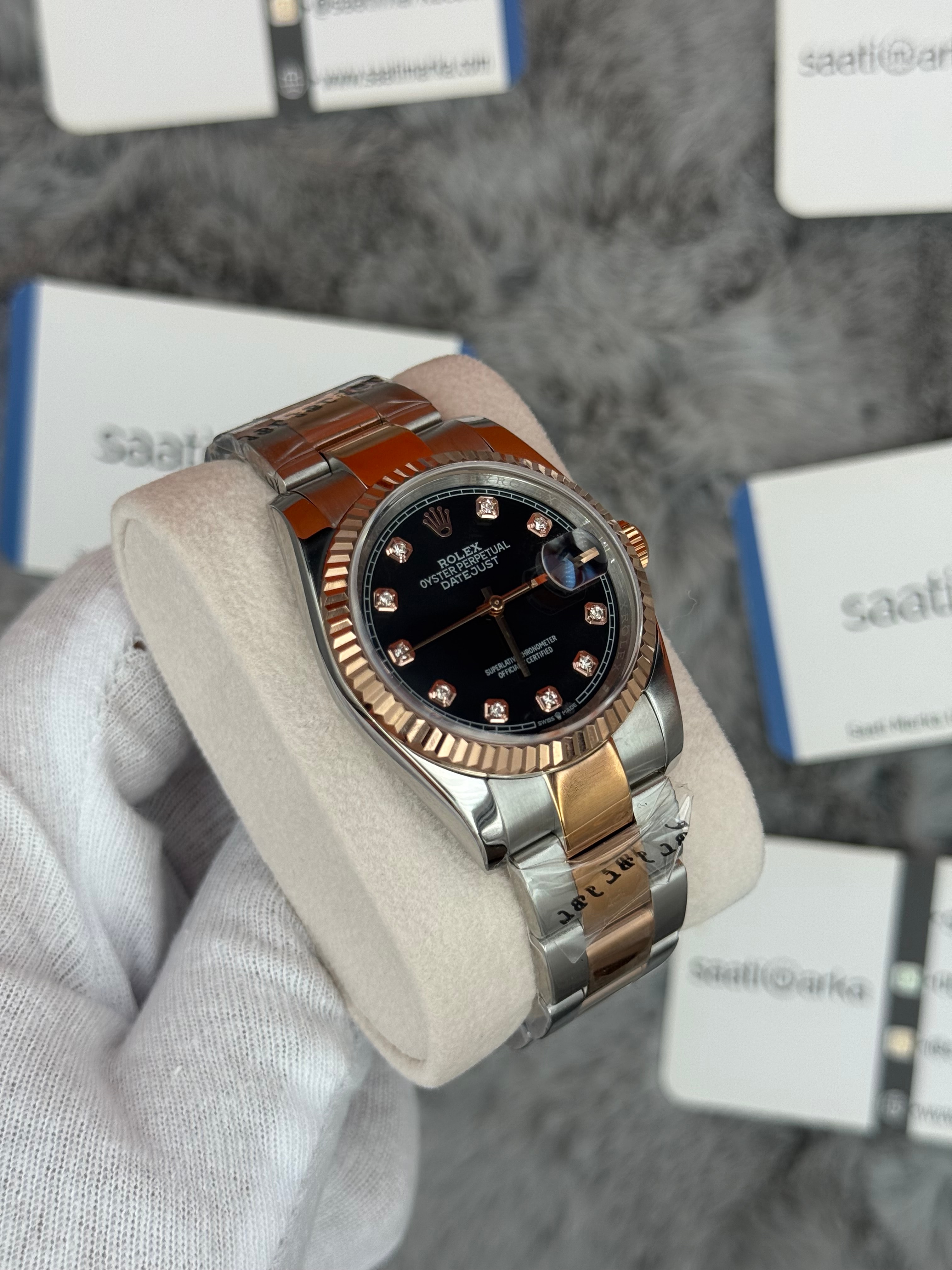 ROLEX Datejust 36mm siyah baget taşlı kadran silver kasa rose silver oyster kordon 
