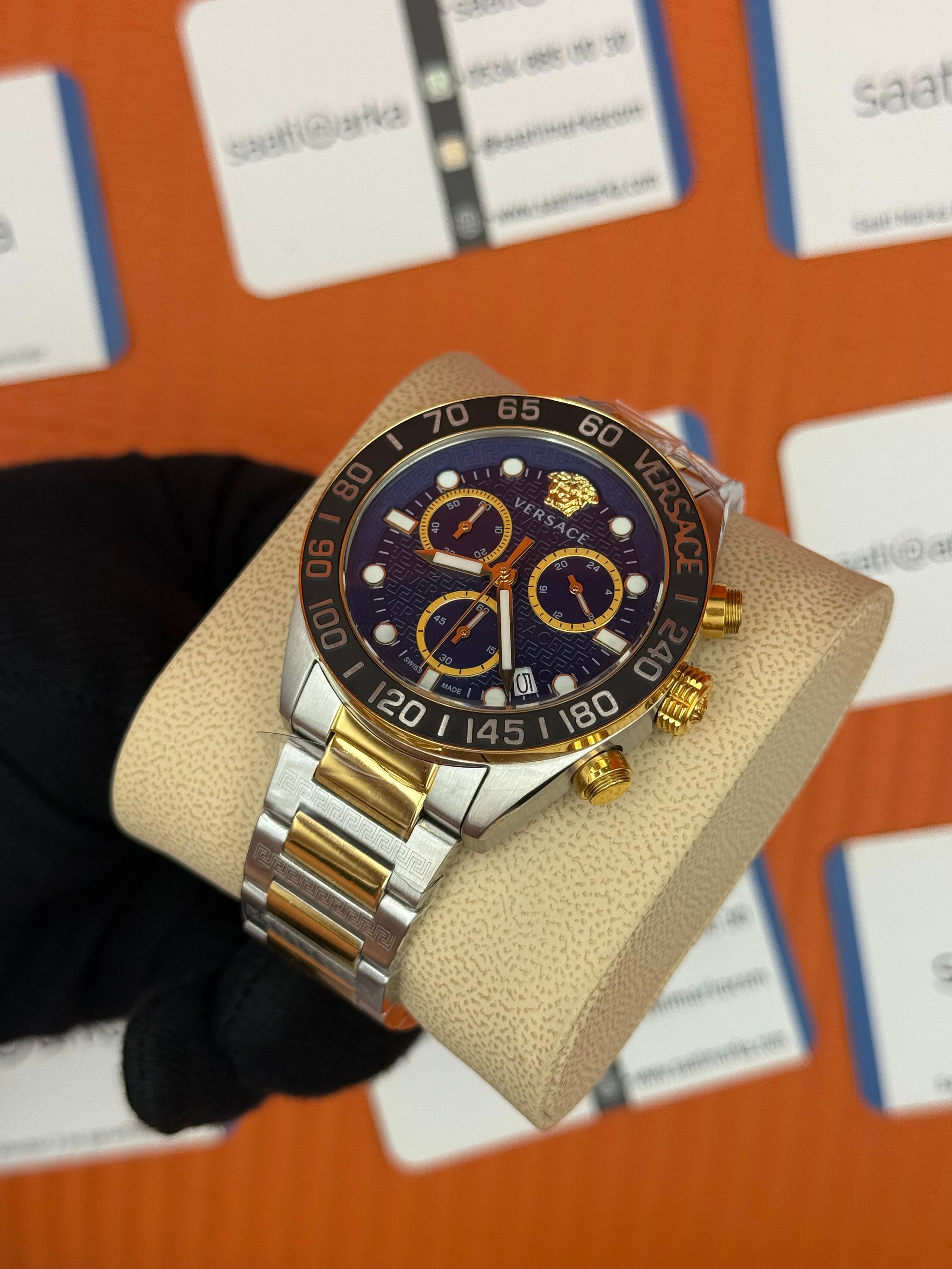 VERSACE mavi kadran gold silver kasa kordon siyah bezel erkek kol saati