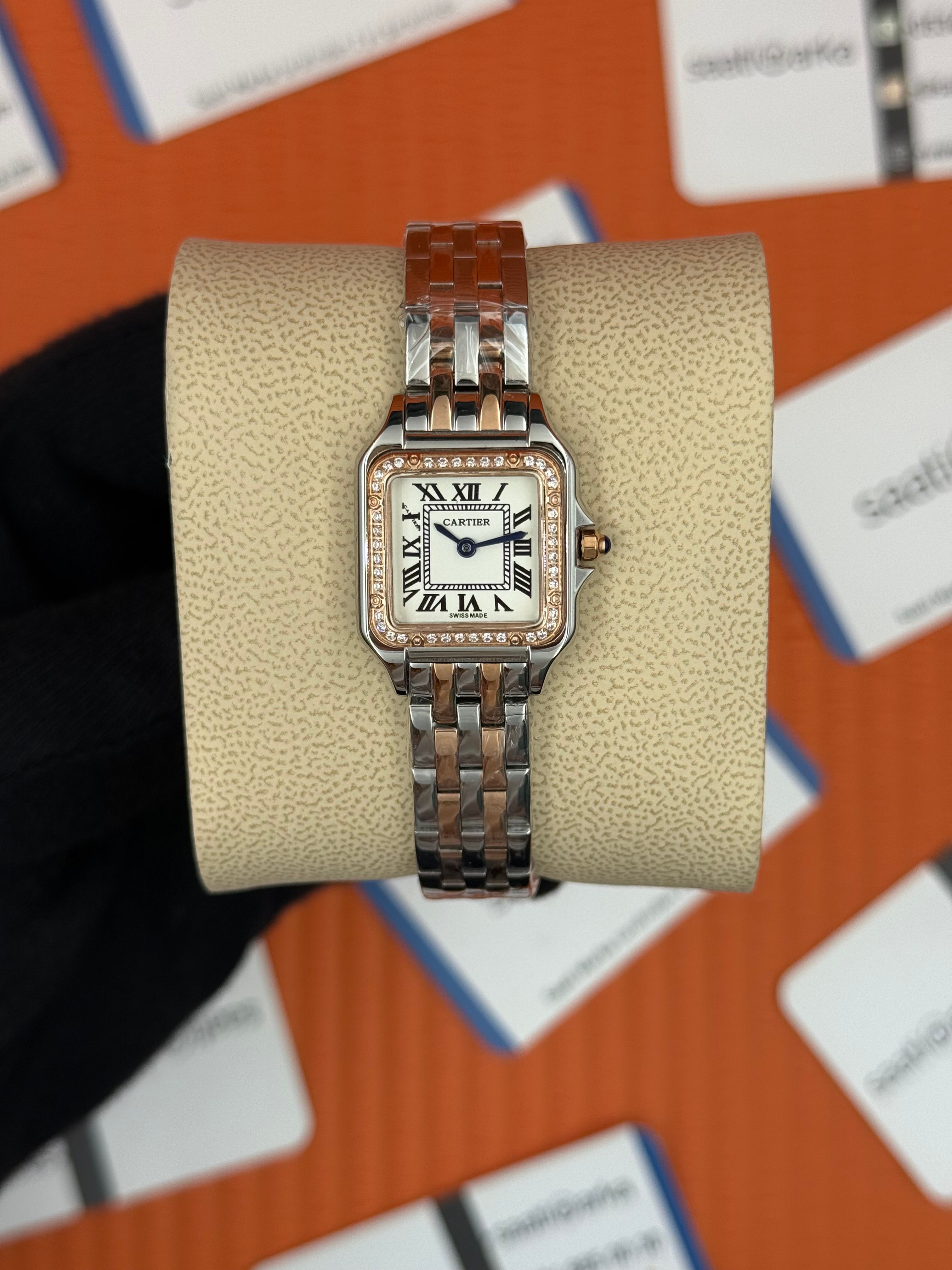 CARTİER Panthere 22mm taşlı bezel rose silver kordon lacivert akrep yelkovan 