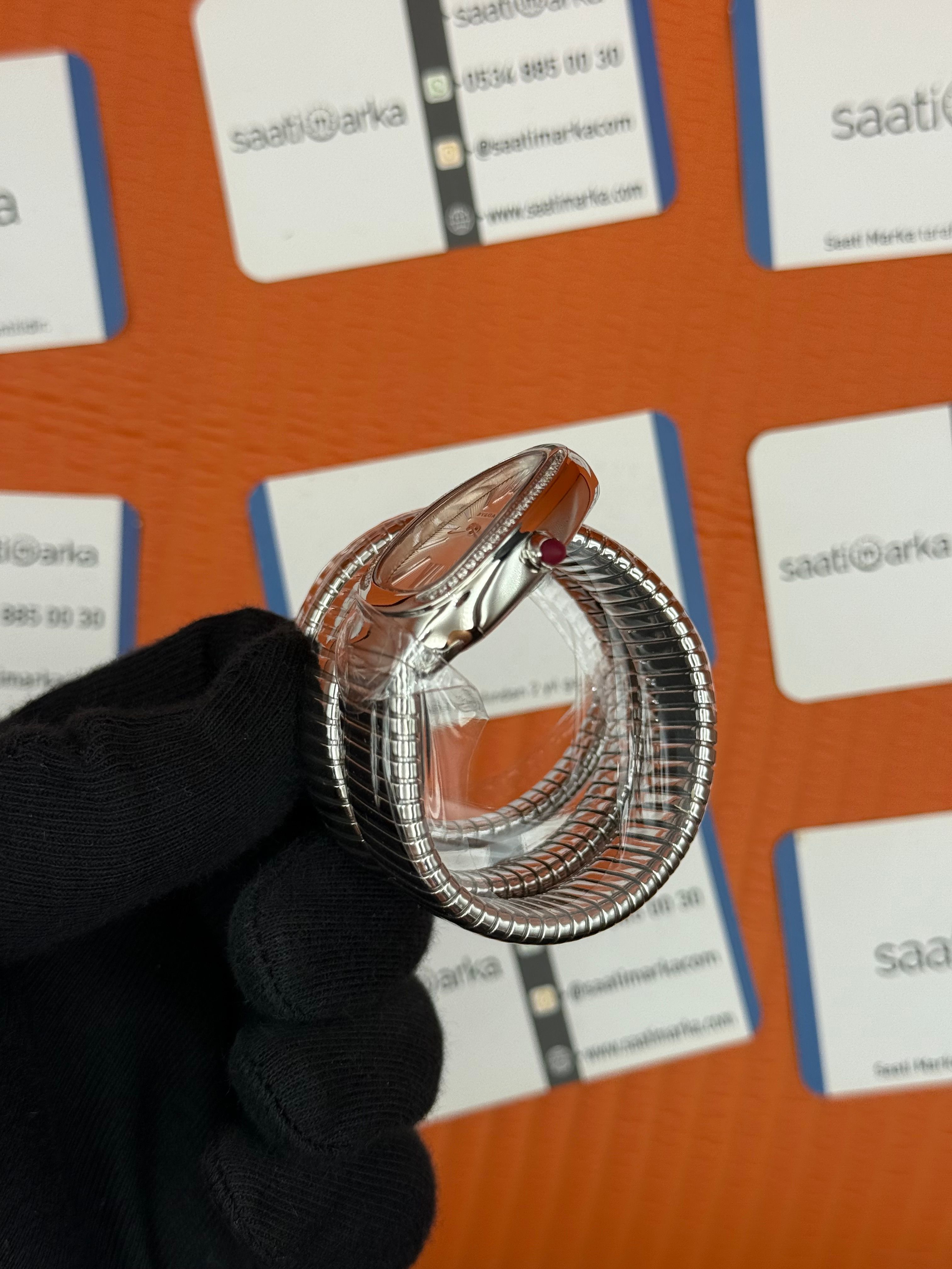 BVLGARİ serpenti çift sarma silver kordon taşlı bezel beyaz kadran kadın kol saati