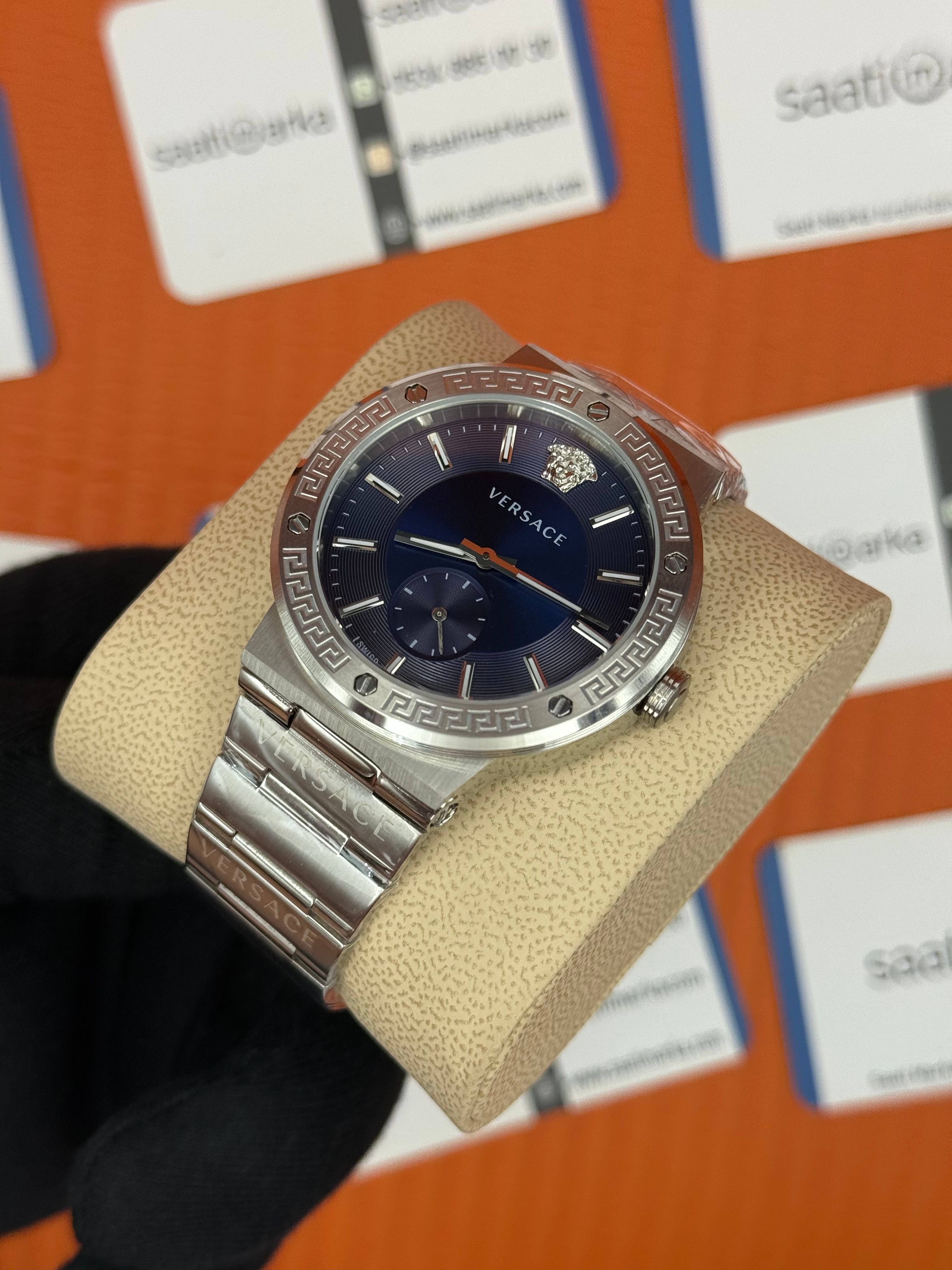 VERSACE mavi kadran silver kasa kordon erkek kol saati