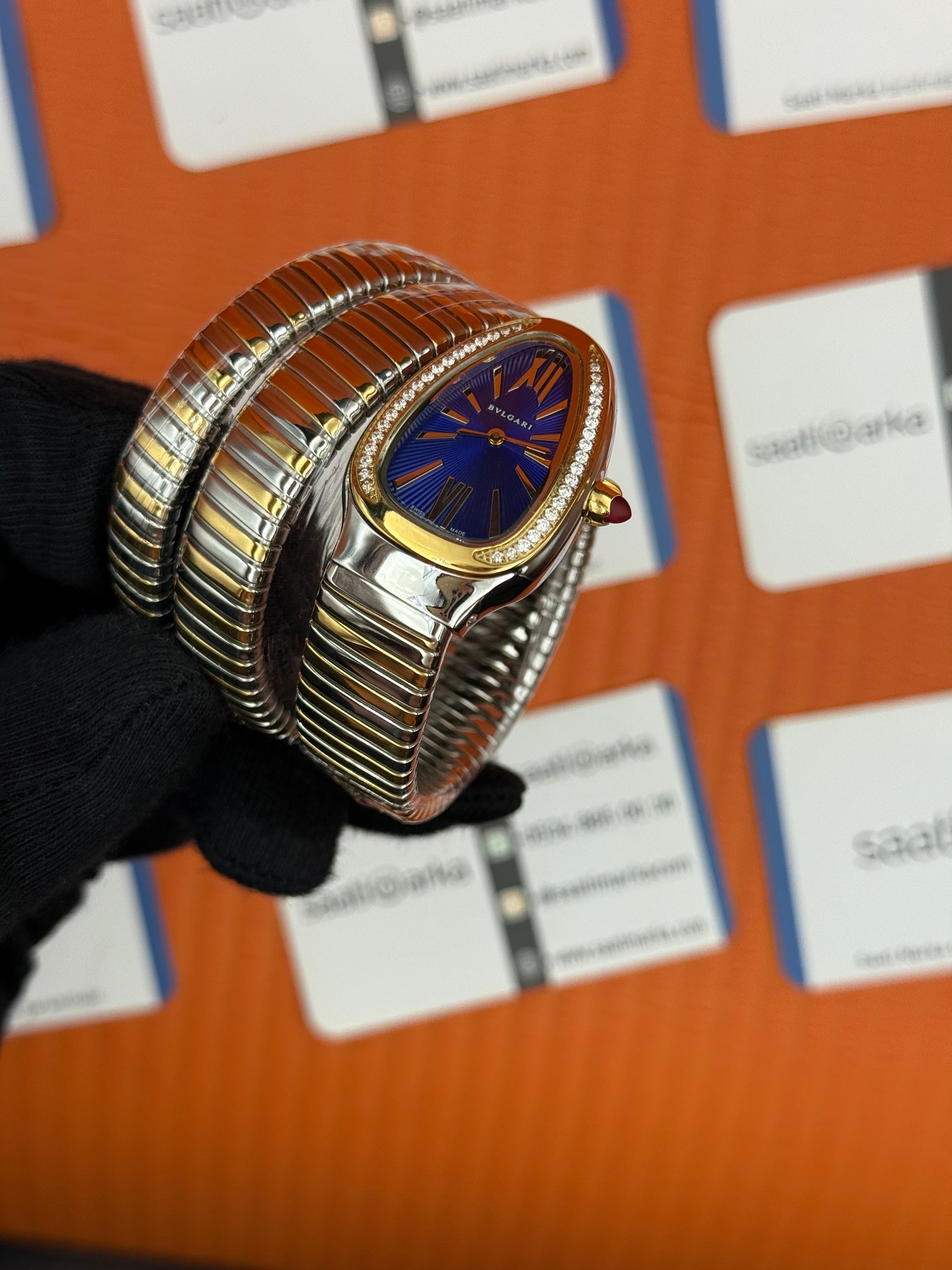 BVLGARİ serpenti çift sarma gold silver kordon taşlı bezel mavi kadran kadın kol saati