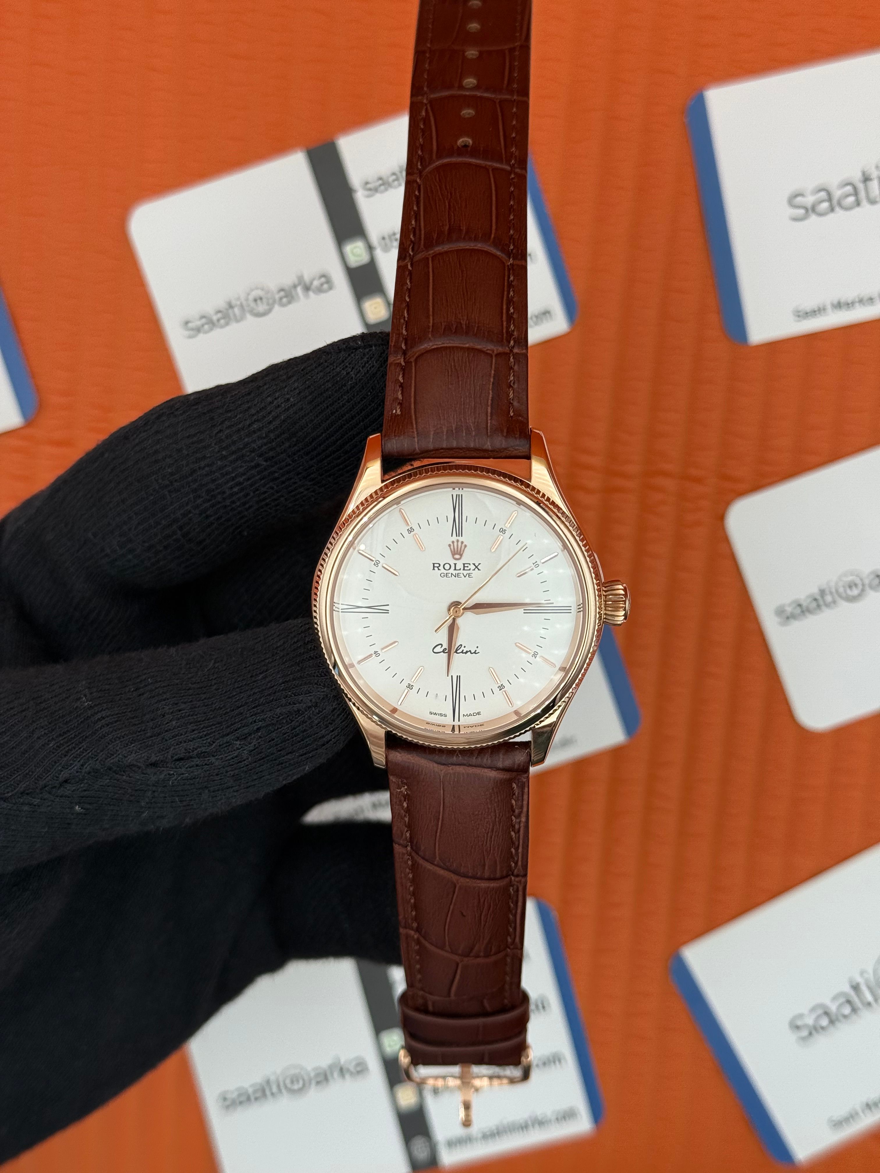 ROLEX Cellini rose kasa beyaz kadran kahverengi deri kordon