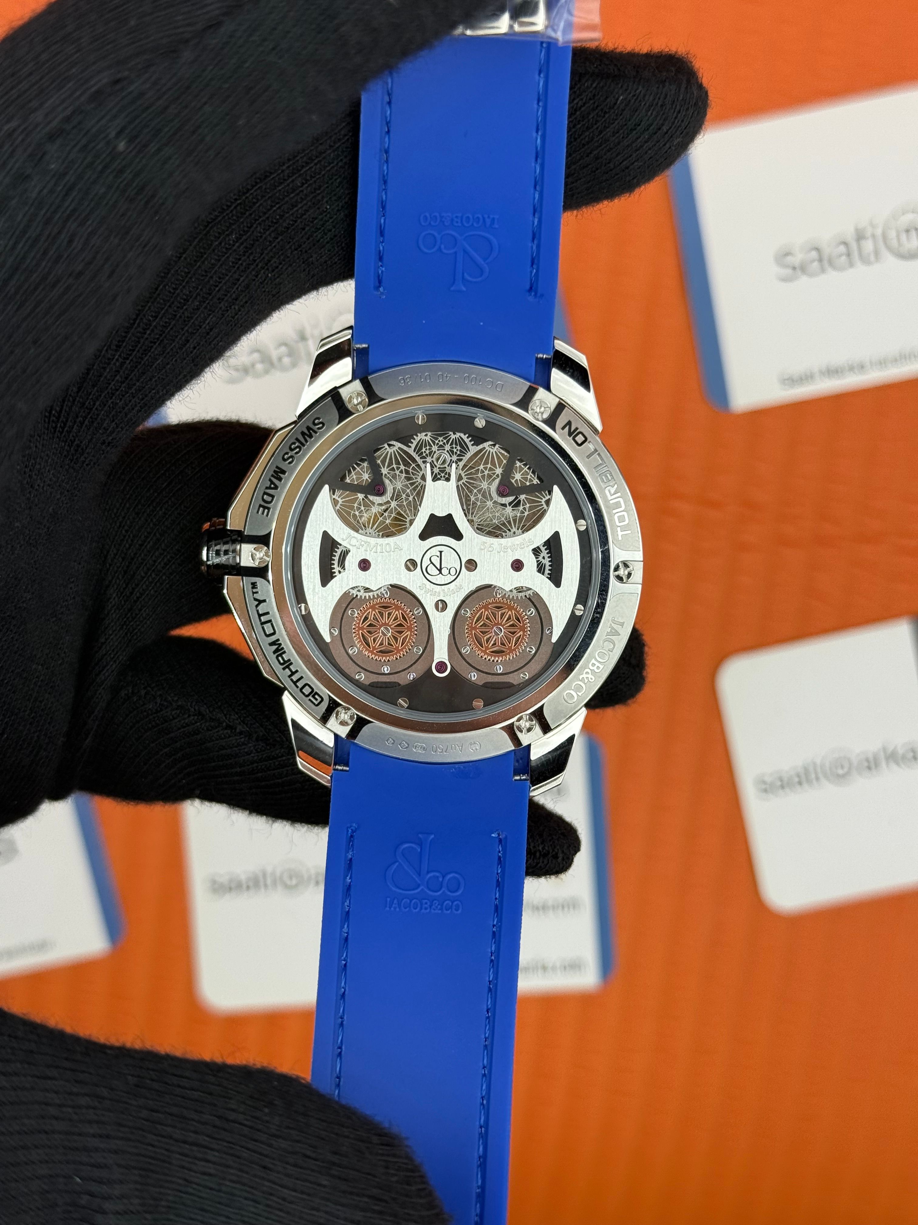 JACOB&CO siyah turbillon kadran mavi siyah kauçuk kordon silver kasa 