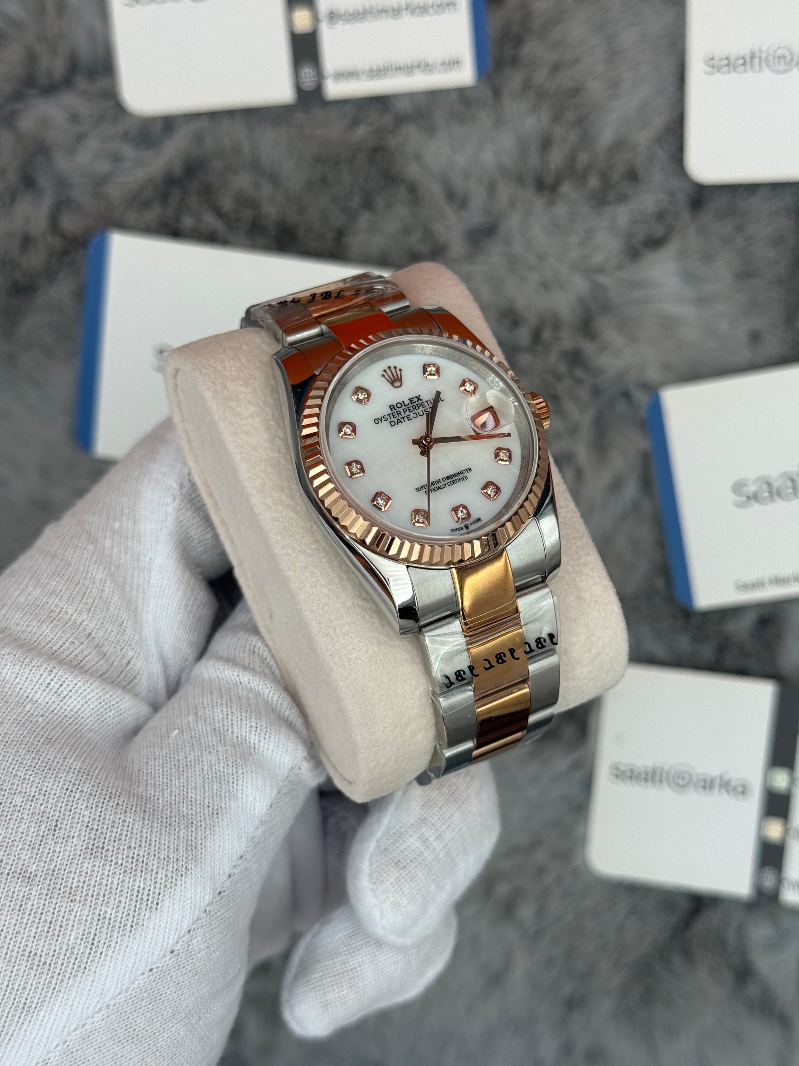 ROLEX Datejust 36mm beyaz baget taşlı kadran silver kasa rose silver oyster kordon 