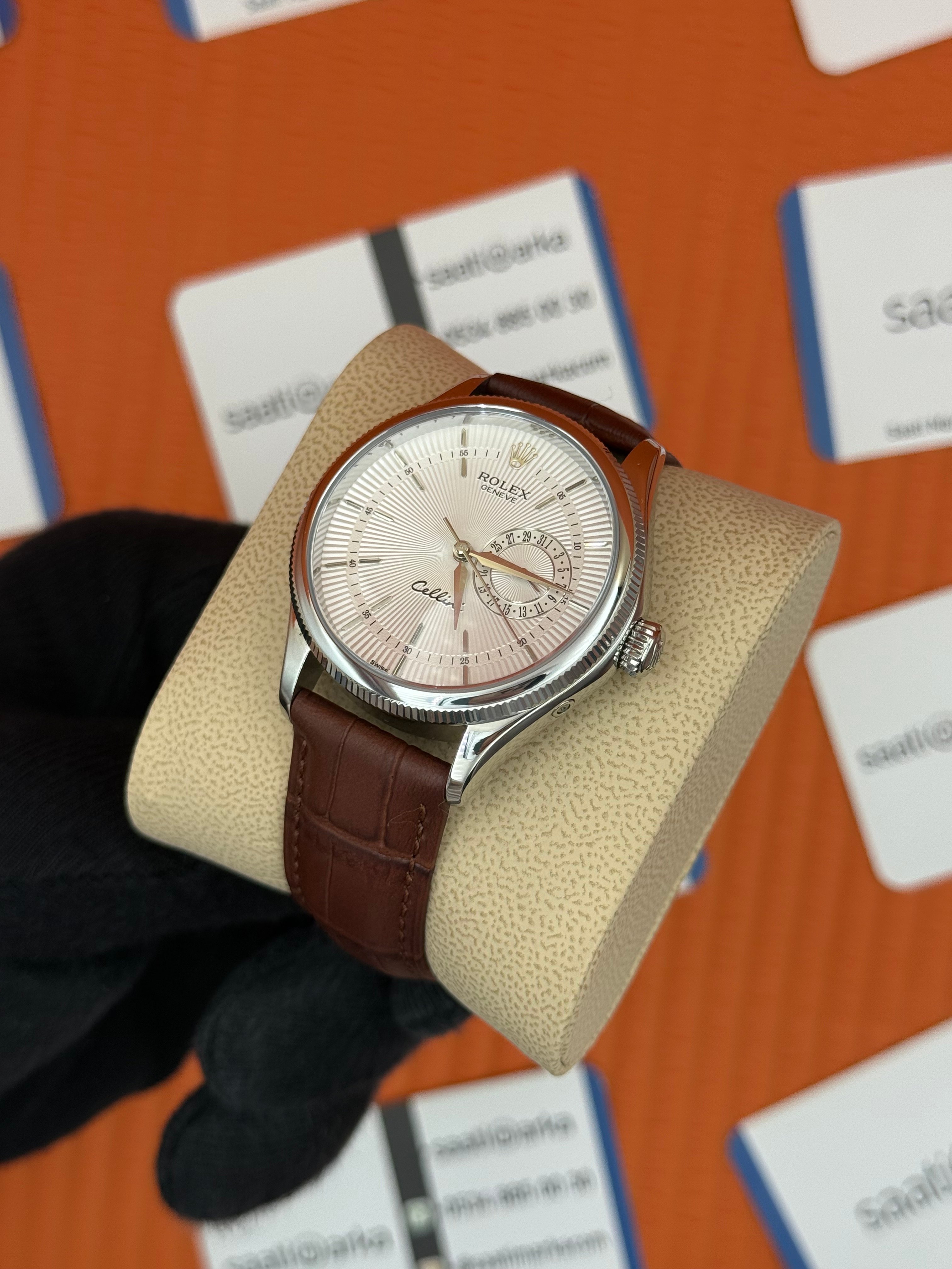 ROLEX Cellini silver kasa beyaz kadran kahverengi deri kordon