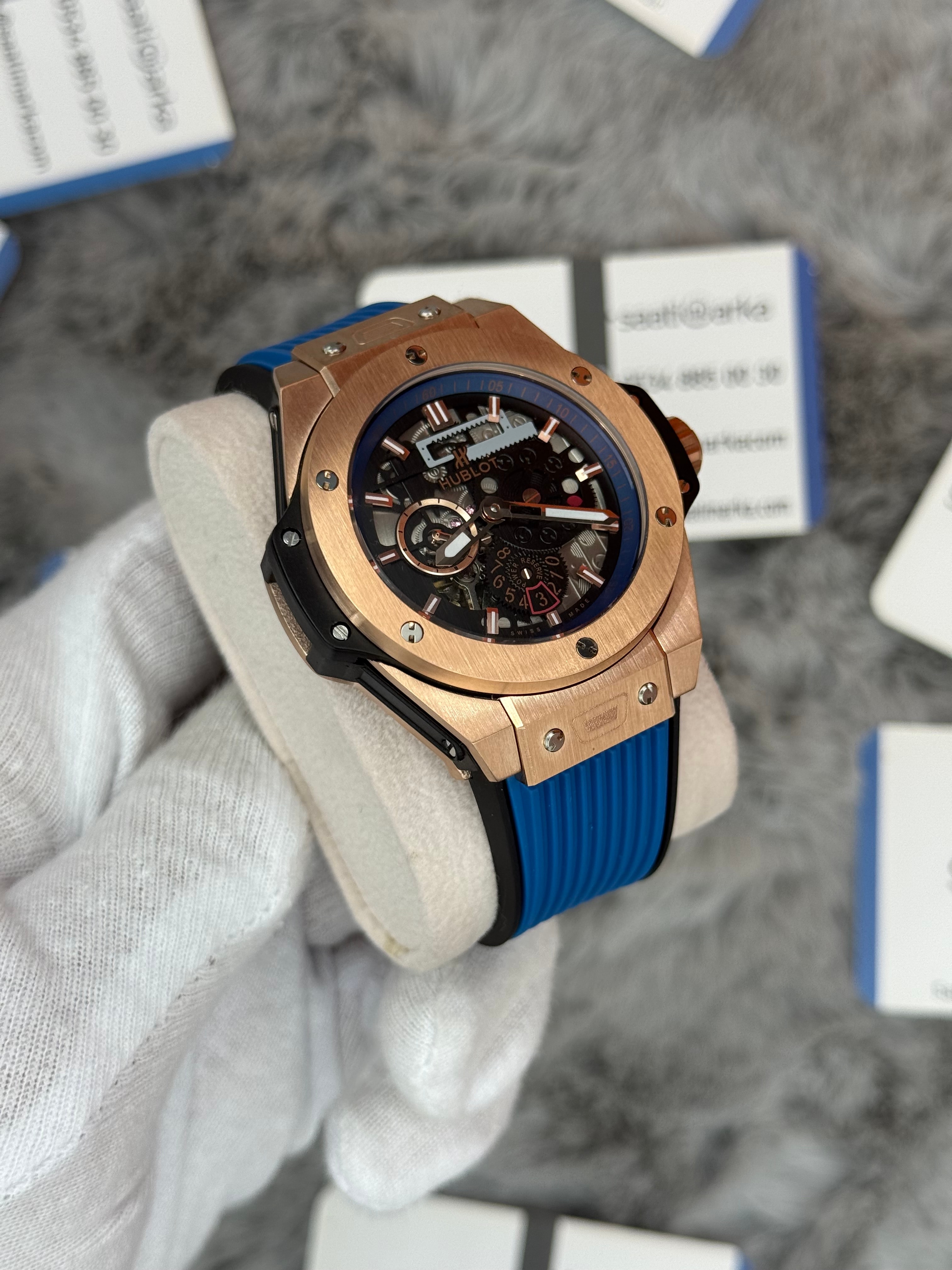 HUBLOT big bang tourbillon 42mm rose kasa mavi kauçuk kordon erkek kol saati
